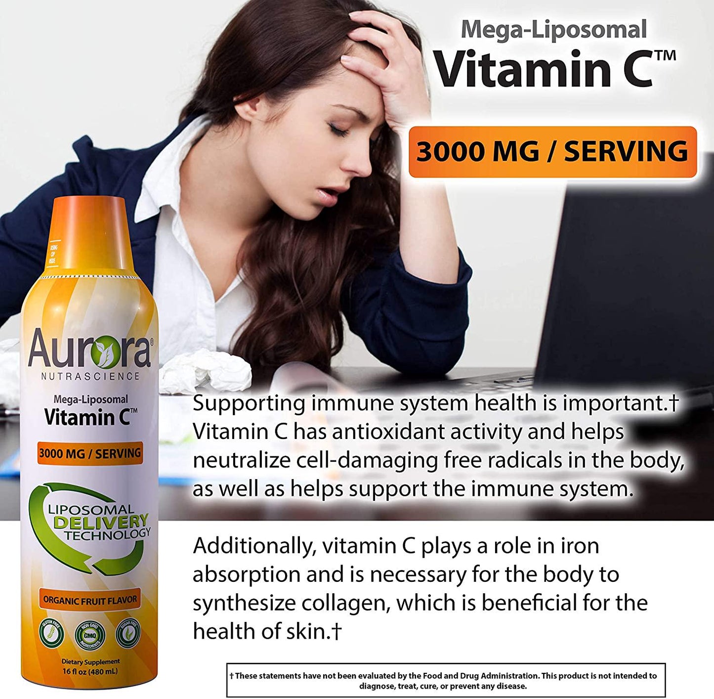 Aurora Nutrascience Mega Liposomal Vitamin C 3000 mg per Serving 16 oz Liquid - High Absorption, Fat Soluble VIT C, Antioxidant Supplement, Higher Bioavailability Immune System Support (16 oz.)