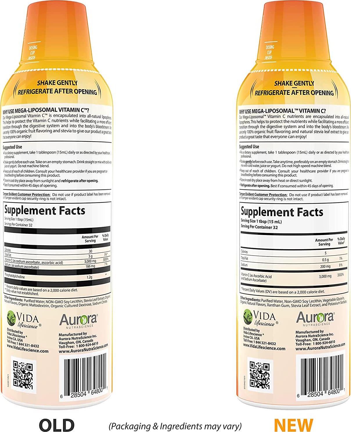 Aurora Nutrascience Mega Liposomal Vitamin C 3000 mg per Serving 16 oz Liquid - High Absorption, Fat Soluble VIT C, Antioxidant Supplement, Higher Bioavailability Immune System Support (16 oz.)