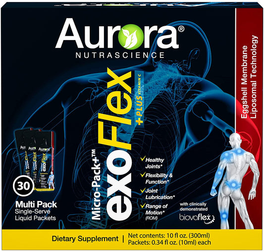 Aurora Nutrascience, Micro-Pack Liposomal ExoFlex+ Vitamin C, Eggshell Membrane with BiovaFlex, Curcumin, and Boswellia, 30 Single-Serve Liquid Packets, 0.34 fl oz (10 ml) Each