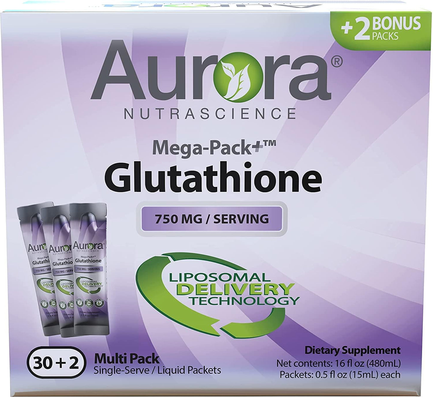 Aurora Nutrascience Mega-Pack+ Liposomal Glutathione | 750 mg per Serving | 32 Single Serve Packs - 15mL | Gluten Free, Non-GMO, Sugar Free, High Absorption, Immune System Support | 16 oz (480 mL)