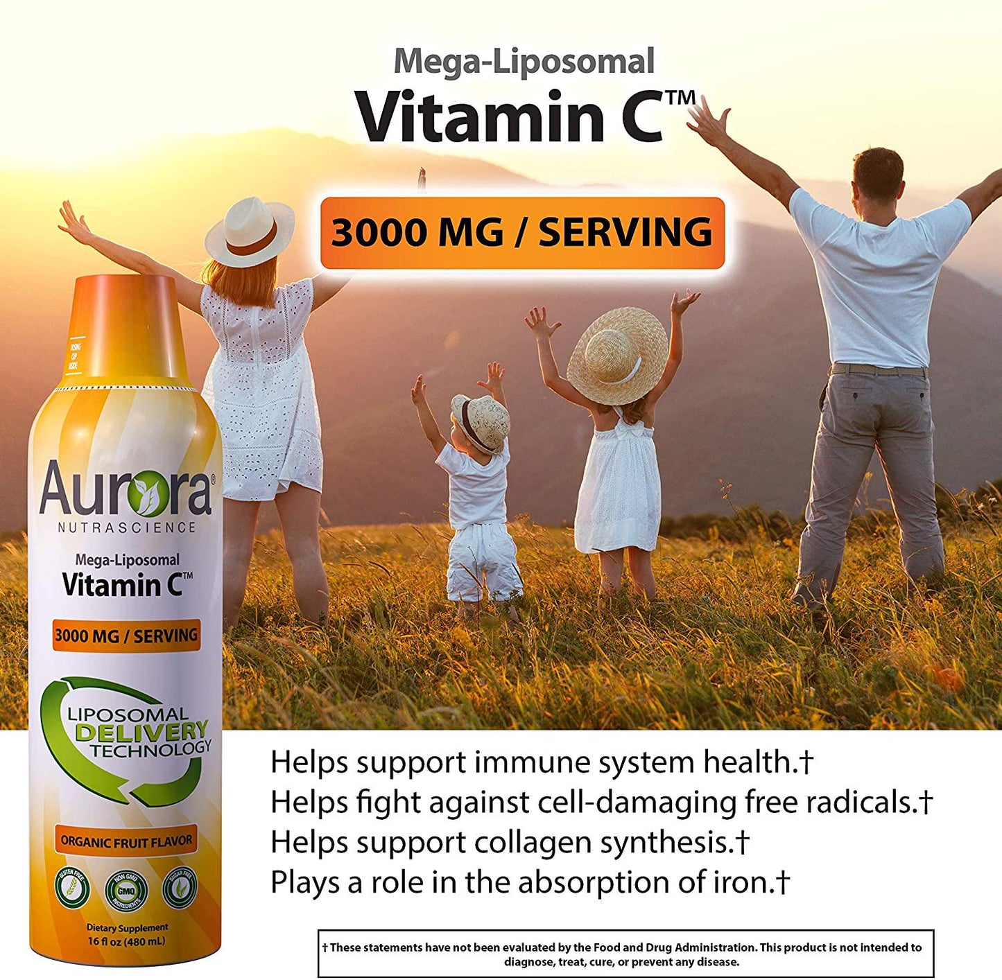 Aurora Nutrascience Mega Liposomal Vitamin C 3000 mg per Serving 16 oz Liquid - High Absorption, Fat Soluble VIT C, Antioxidant Supplement, Higher Bioavailability Immune System Support (16 oz.)