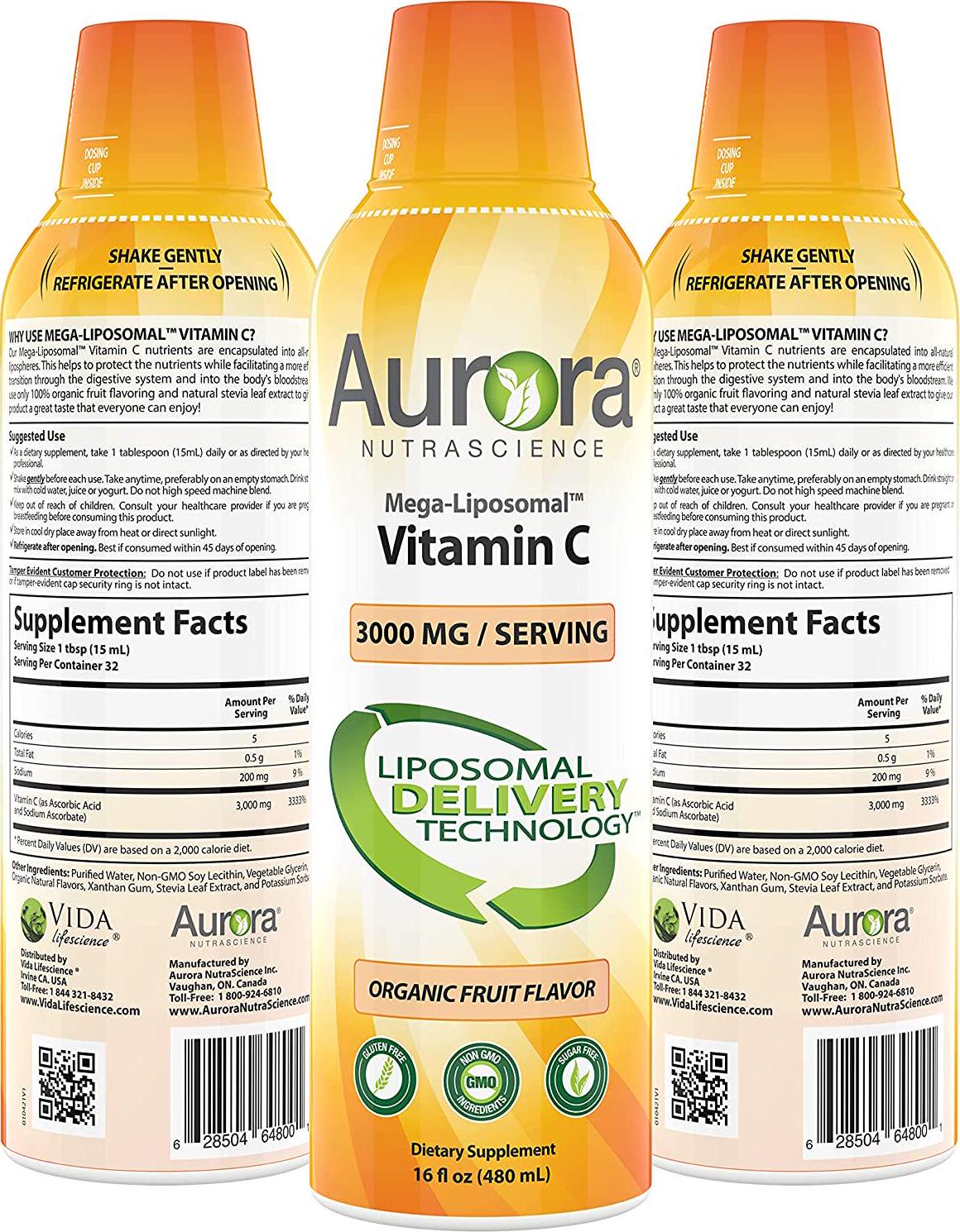 Aurora Nutrascience Mega Liposomal Vitamin C 3000 mg per Serving 16 oz Liquid - High Absorption, Fat Soluble VIT C, Antioxidant Supplement, Higher Bioavailability Immune System Support (16 oz.)