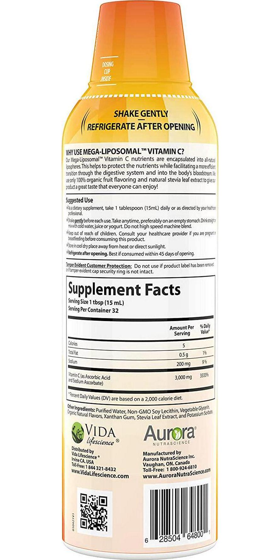 Aurora Nutrascience Mega Liposomal Vitamin C 3000 mg per Serving 16 oz Liquid - High Absorption, Fat Soluble VIT C, Antioxidant Supplement, Higher Bioavailability Immune System Support (16 oz.)