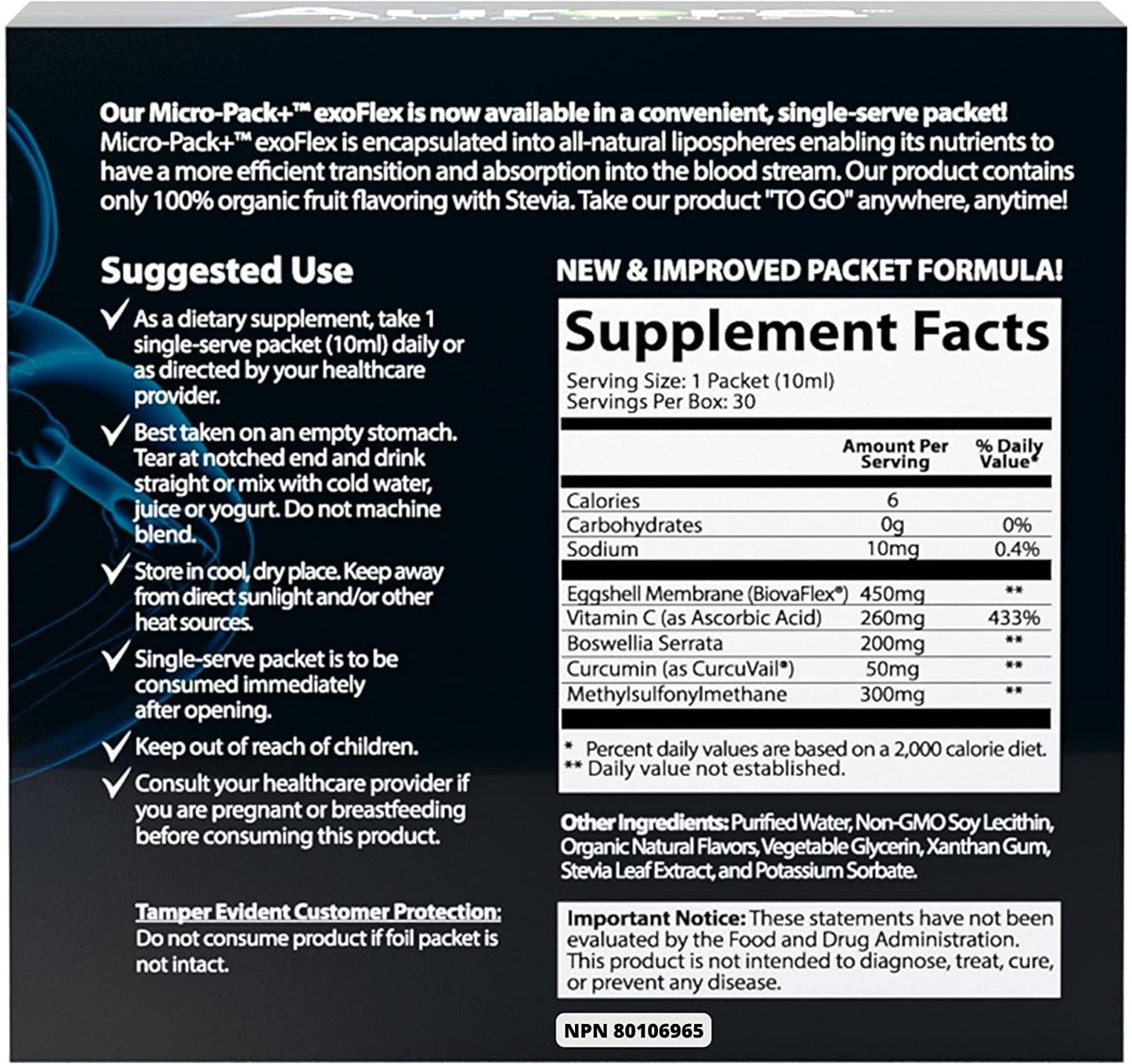 Aurora Nutrascience, Micro-Pack Liposomal ExoFlex+ Vitamin C, Eggshell Membrane with BiovaFlex, Curcumin, and Boswellia, 30 Single-Serve Liquid Packets, 0.34 fl oz (10 ml) Each