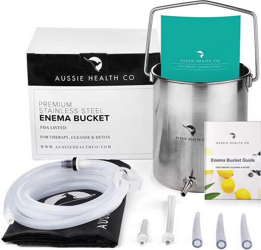 Aussie Health Co Enema Kit - Non-Toxic Stainless Steel 2 Quart Bucket - Ideal for Home Coffee or Water Colon Cleansing Detox Enemas - Includes Nozzle Tips, Guide Book, and Discrete Storage Bag