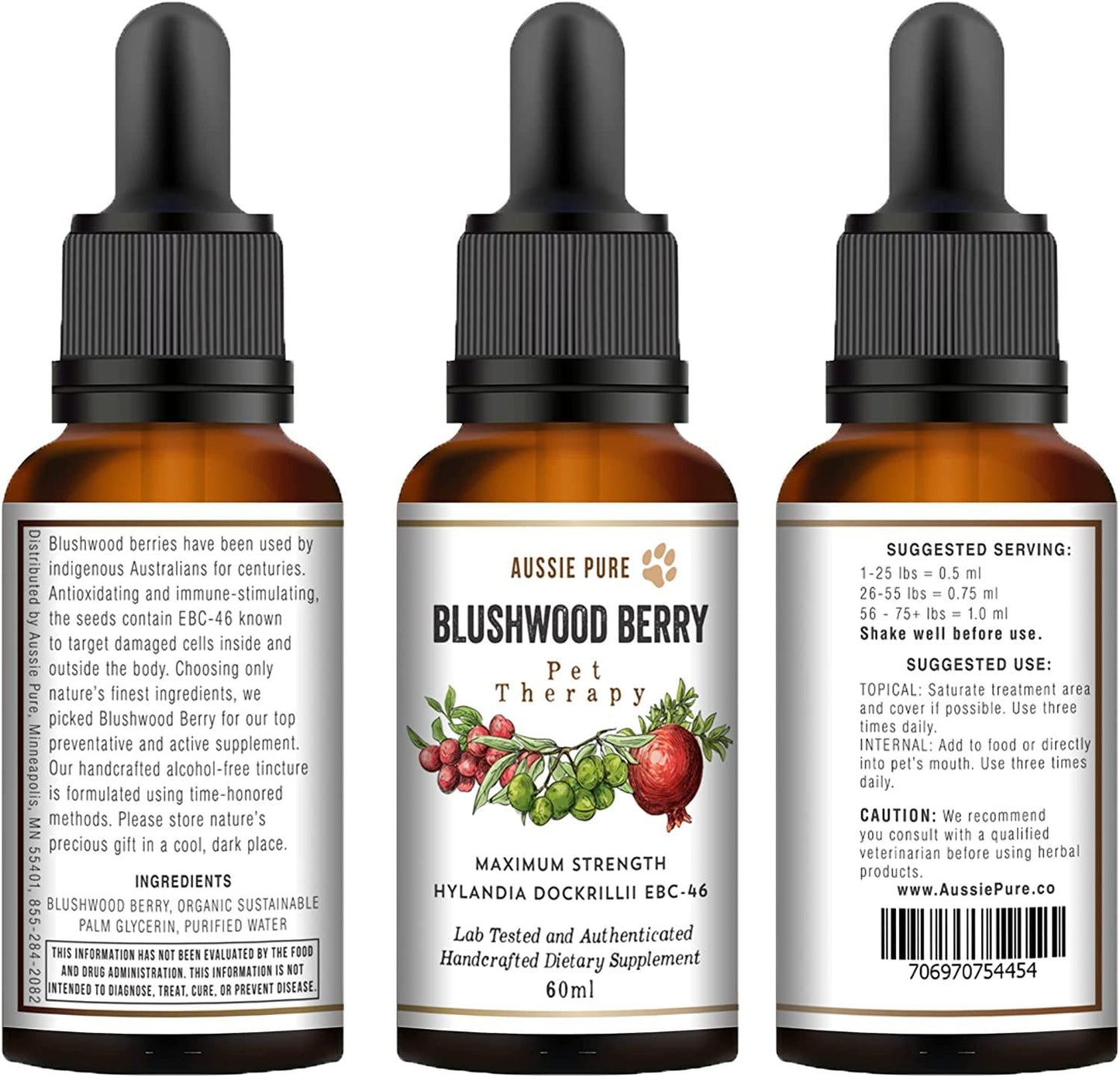 Aussie Pure Pet Therapy Blushwood Berry Tincture - 60ml - Maximum Strength - Lab Tested and Certified - Gentle, Oral and Topical Alcohol-Free Formula - Immune and Cell Support