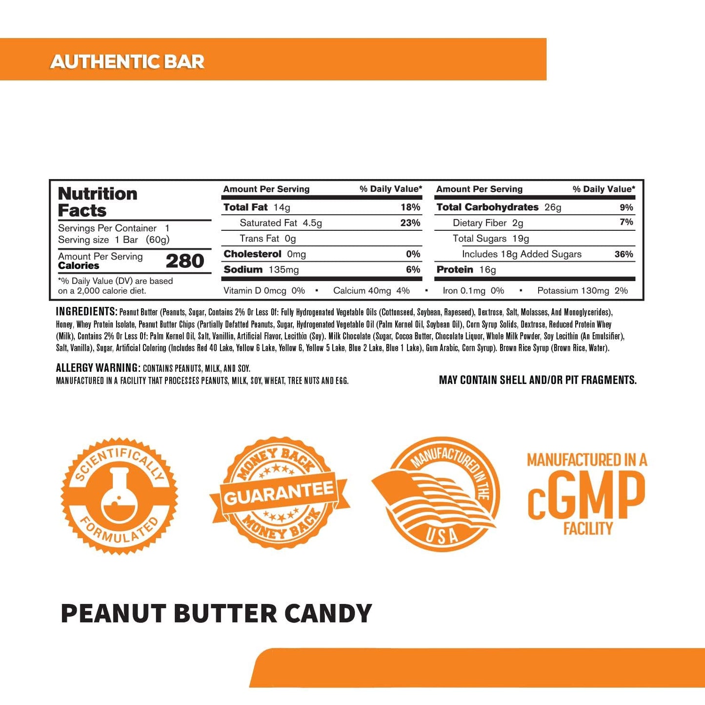 Authentic Bar Peanut Butter Candy Protein Bars - Tasty Meal Replacement Energy Bars w/ 16g Whey Protein Isolate, Natural Sugars from Pure Honey, Healthy Fat Peanut Butter Foundation - 12 Pack