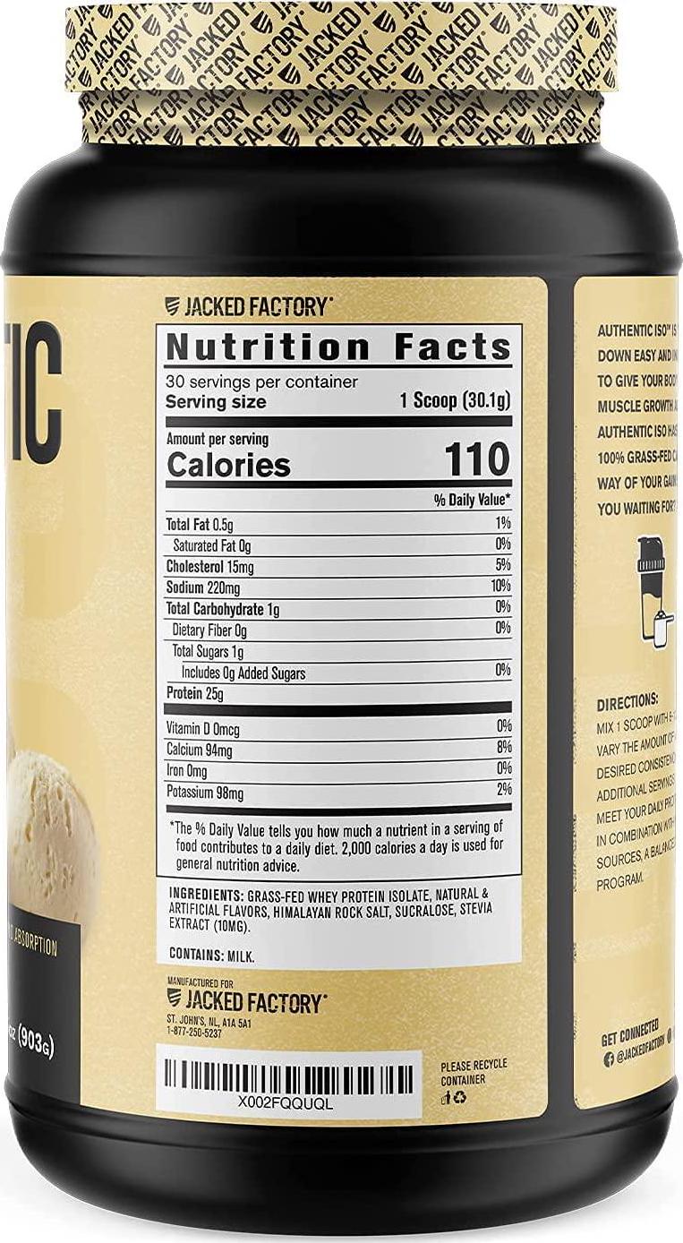 Authentic ISO 100% Grass Fed Muscle Building Whey Protein Isolate Powder - Low Carb, Grass-Fed, Non-GMO, No Fillers, Mixes Perfectly for Post Workout Recovery, Vanilla Ice Cream Flavor - 30 SV…