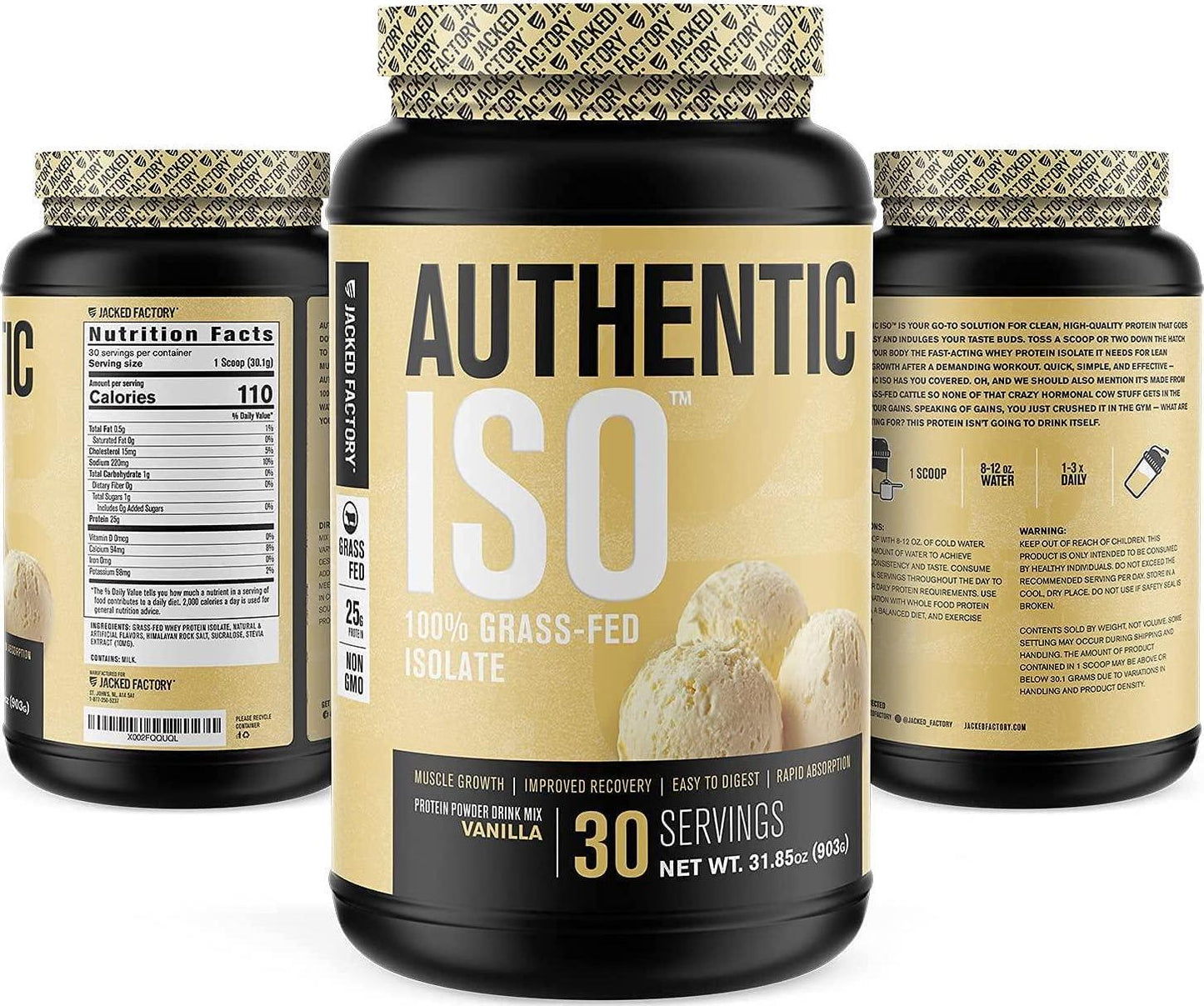 Authentic ISO 100% Grass Fed Muscle Building Whey Protein Isolate Powder - Low Carb, Grass-Fed, Non-GMO, No Fillers, Mixes Perfectly for Post Workout Recovery, Vanilla Ice Cream Flavor - 30 SV…