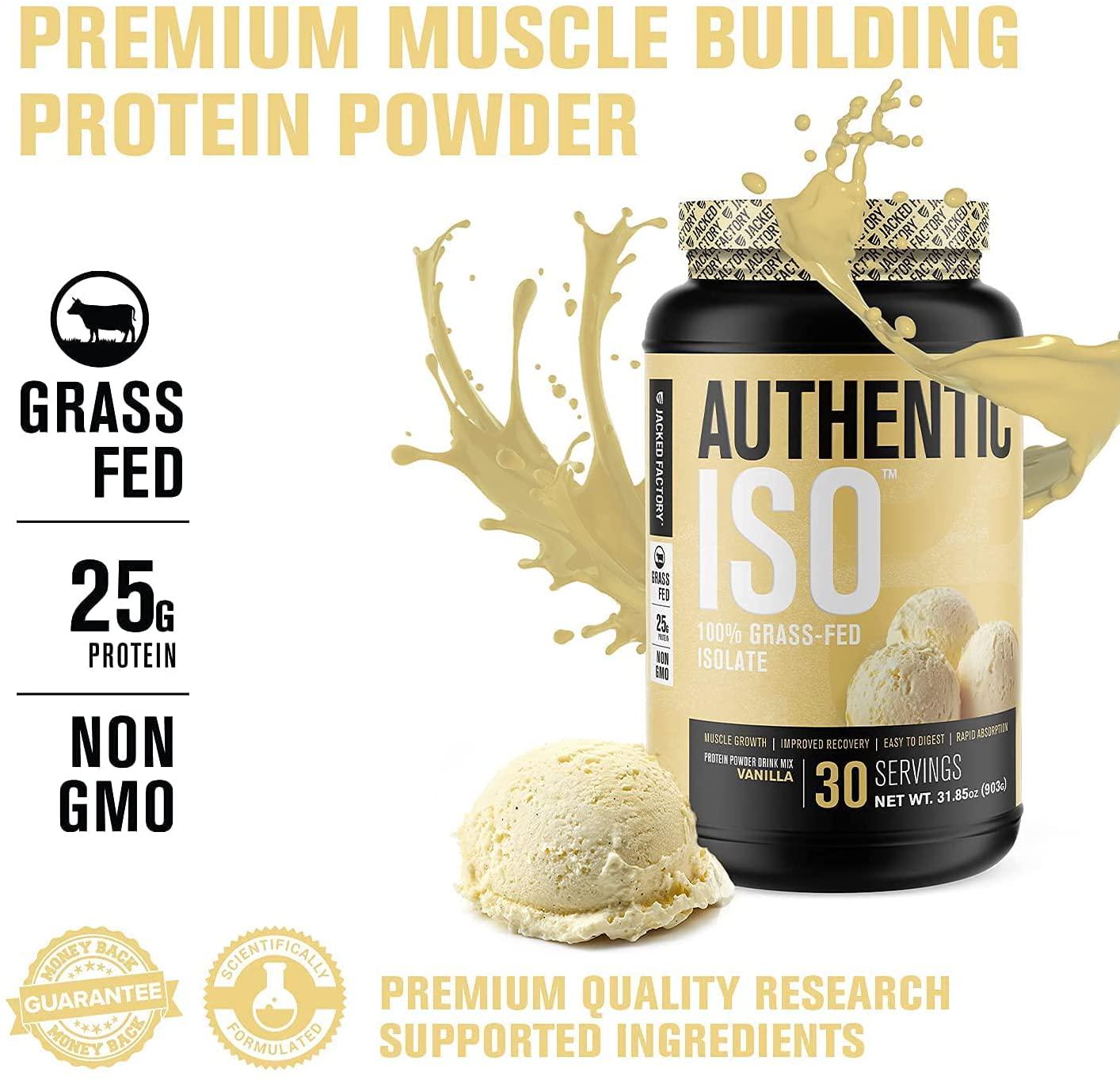 Authentic ISO 100% Grass Fed Muscle Building Whey Protein Isolate Powder - Low Carb, Grass-Fed, Non-GMO, No Fillers, Mixes Perfectly for Post Workout Recovery, Vanilla Ice Cream Flavor - 30 SV…