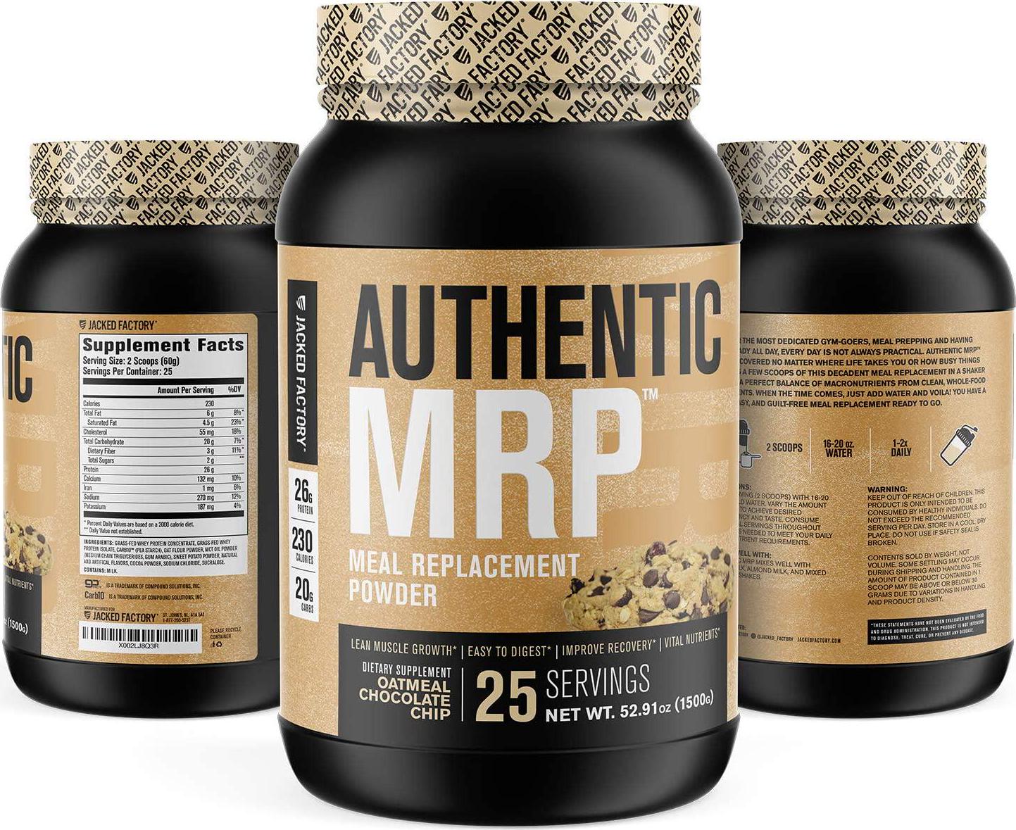 Authentic MRP Meal Replacement Powder - Healthy Shake for Lean Muscle Growth w/Grass Fed Whey Protein Isolate, Complex Carbohydrates, MCT Healthy Fats - Whole Food Supplement, Oatmeal Choc Chip
