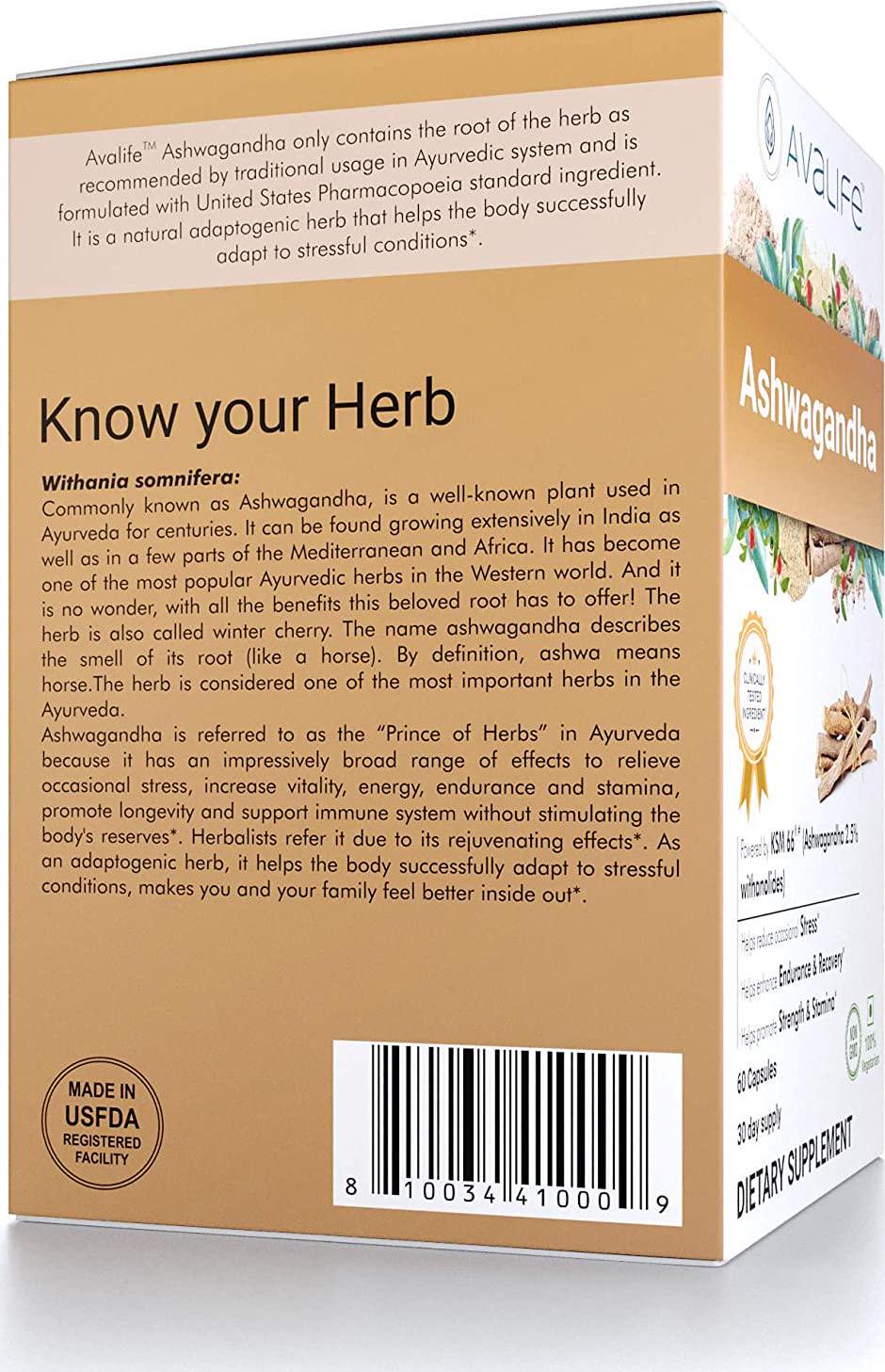 Avalife Ashwagandha Capsules for Men and Women - Gluten Free, Vegan and Non-GMO - 60 Capsules