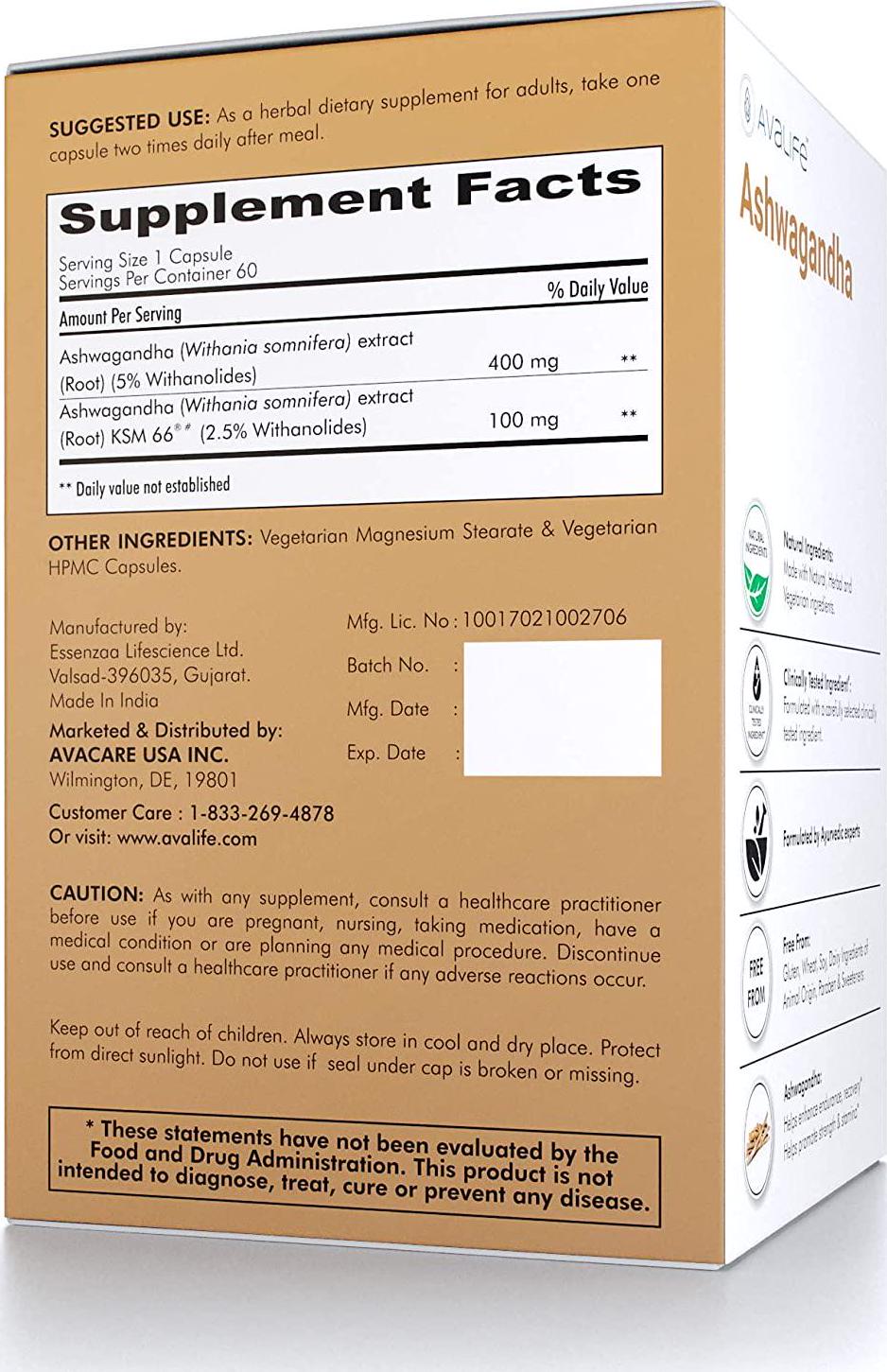 Avalife Ashwagandha Capsules for Men and Women - Gluten Free, Vegan and Non-GMO - 60 Capsules