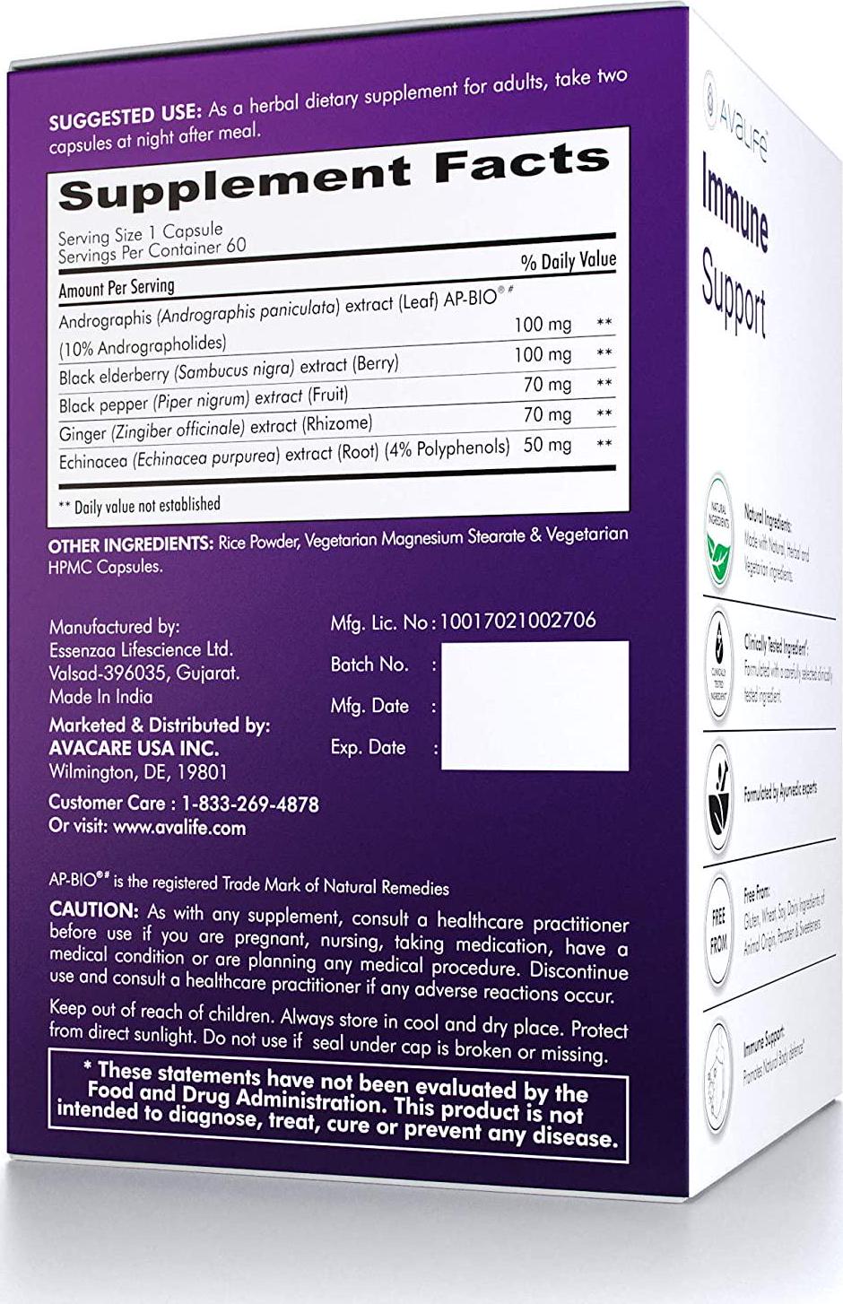 Avalife Immune Support Supplements - Daily Immunity Booster and Wellness Formula for Men and Women - Gluten Free, Vegan and Non-GMO - 60 Capsules