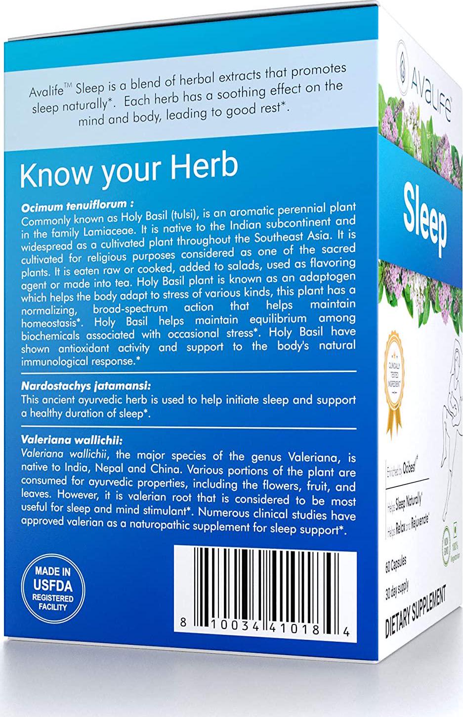 Avalife Sleep - Natural Sleep Aid Supplements for Men and Women - Gluten Free, Vegan and Non-GMO - 60 Capsules