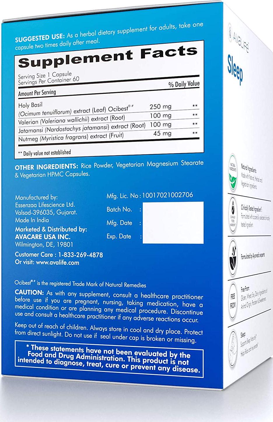 Avalife Sleep - Natural Sleep Aid Supplements for Men and Women - Gluten Free, Vegan and Non-GMO - 60 Capsules