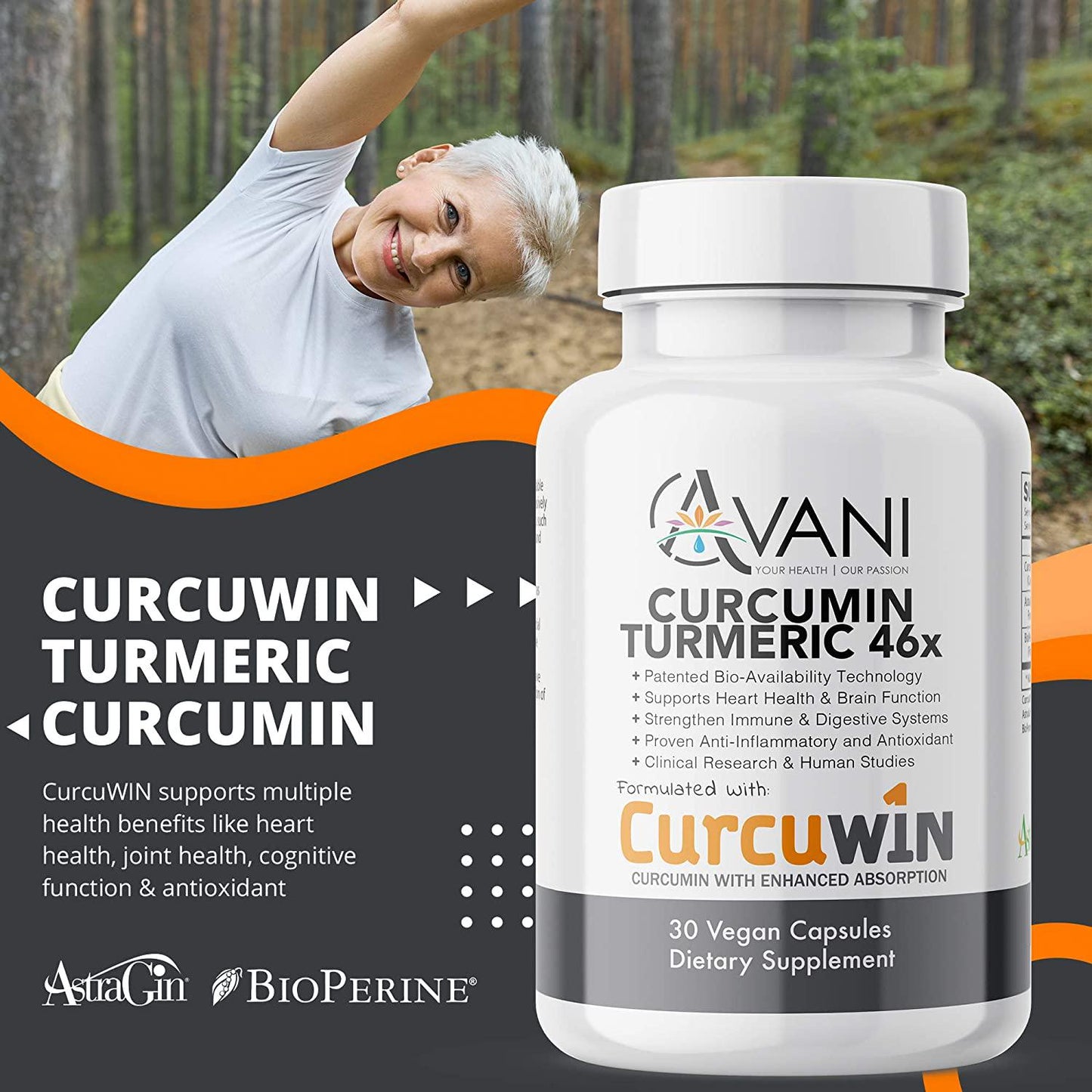 Avani Health - CurcuWIN Award Winning Turmeric Curcumin - Clinically Studied Anti-Inflammatory + Antioxidant - Enhanced Absorption with Bioperine and AstraGin Gluten Free - Non-GMO - 30 Vegan Caps