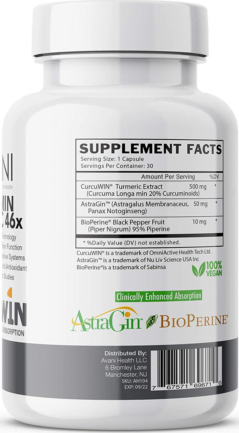 Avani Health - CurcuWIN Award Winning Turmeric Curcumin - Clinically Studied Anti-Inflammatory + Antioxidant - Enhanced Absorption with Bioperine and AstraGin Gluten Free - Non-GMO - 30 Vegan Caps