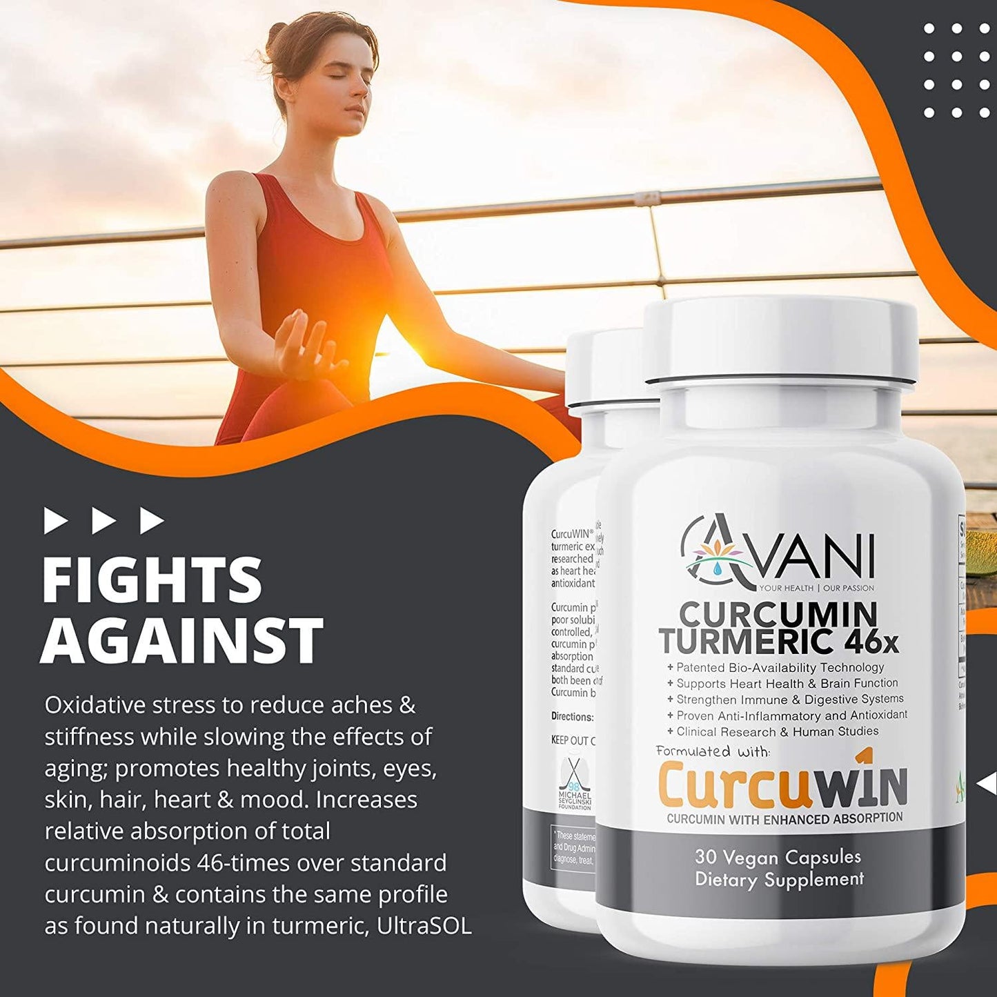 Avani Health - CurcuWIN Award Winning Turmeric Curcumin - Clinically Studied Anti-Inflammatory + Antioxidant - Enhanced Absorption with Bioperine and AstraGin Gluten Free - Non-GMO - 30 Vegan Caps