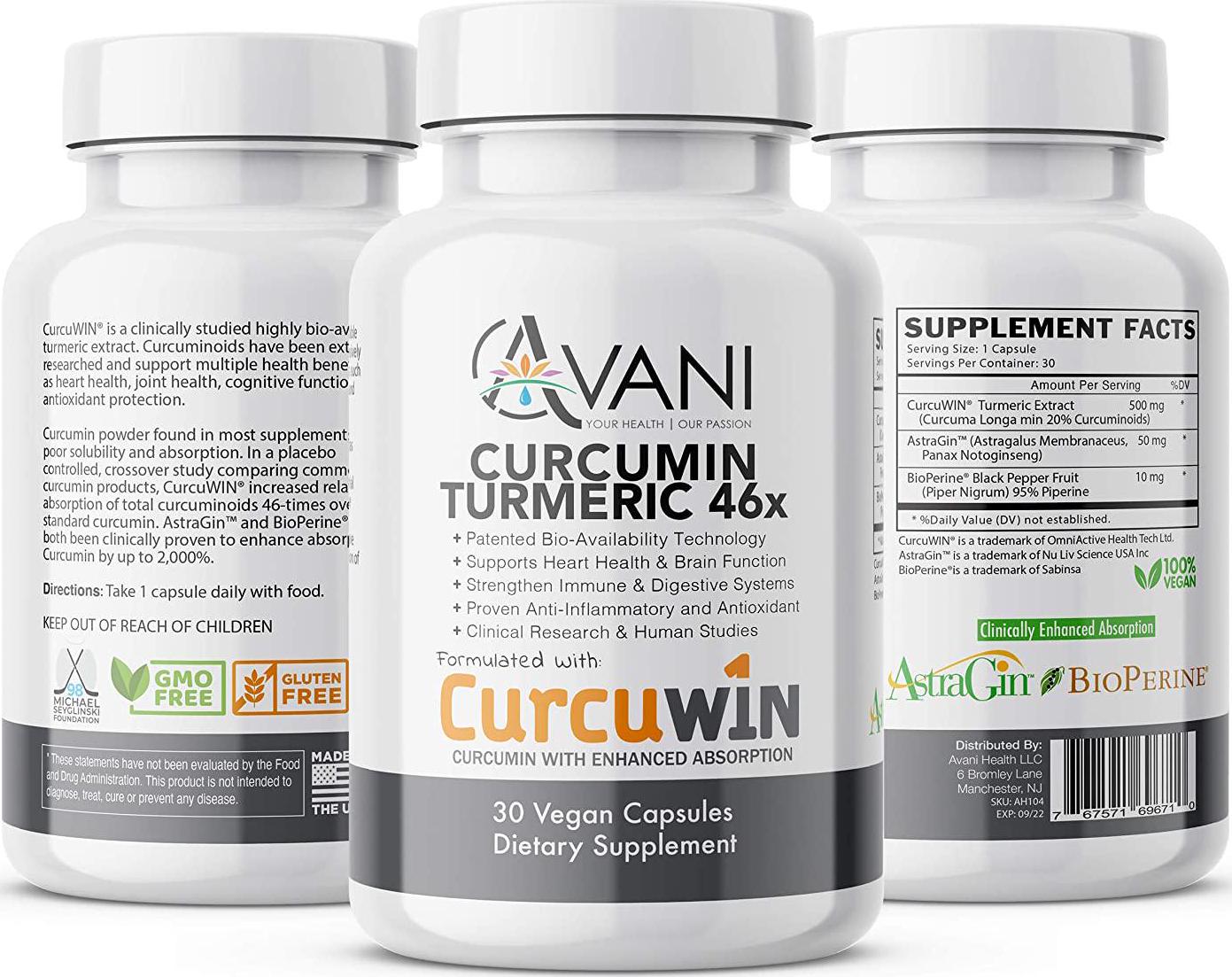 Avani Health - CurcuWIN Award Winning Turmeric Curcumin - Clinically Studied Anti-Inflammatory + Antioxidant - Enhanced Absorption with Bioperine and AstraGin Gluten Free - Non-GMO - 30 Vegan Caps