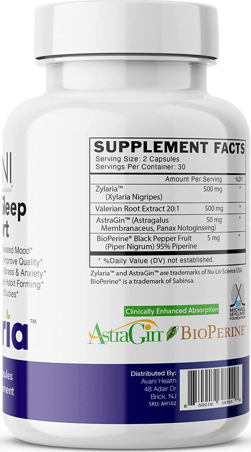 Avani Health – Zylaria – Sleep Aid zZz, Adrenal Fatigue Supplement, Natural Stress, Anxiety and Insomnia Relief, No Melatonin, Power to Sleep PM, Well Rested – 60 Vegan Caps – Clinically Studied