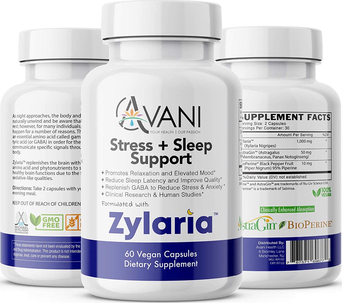 Avani Health – Zylaria – Sleep Aid zZz, Adrenal Fatigue Supplement, Natural Stress, Anxiety and Insomnia Relief, No Melatonin, Power to Sleep PM, Well Rested – 60 Vegan Caps – Clinically Studied