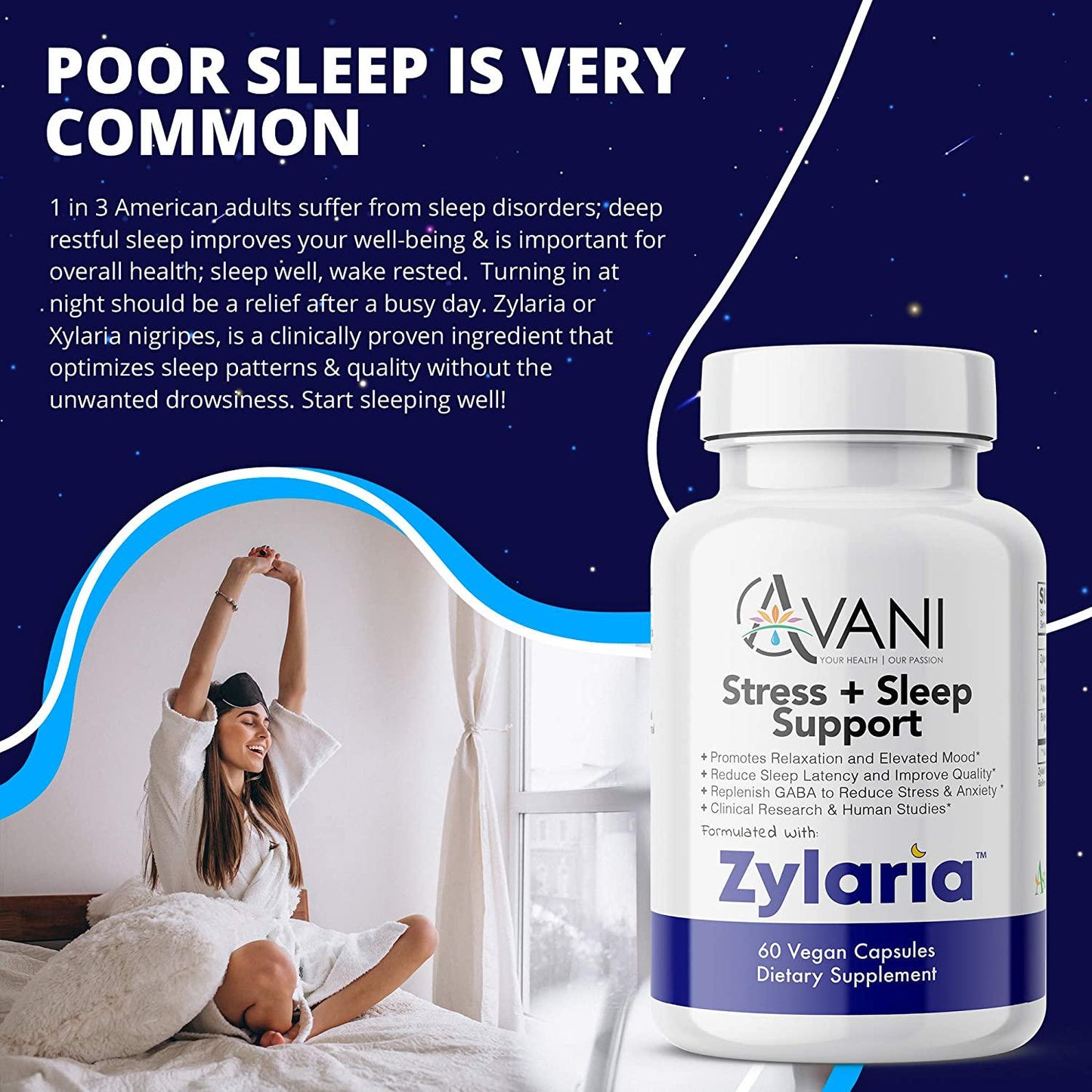 Avani Health – Zylaria – Sleep Aid zZz, Adrenal Fatigue Supplement, Natural Stress, Anxiety and Insomnia Relief, No Melatonin, Power to Sleep PM, Well Rested – 60 Vegan Caps – Clinically Studied