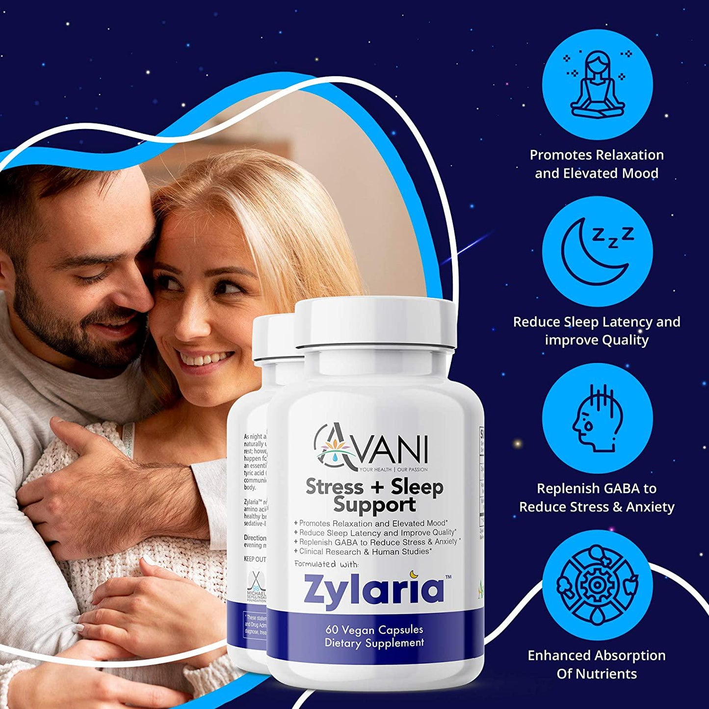 Avani Health – Zylaria – Sleep Aid zZz, Adrenal Fatigue Supplement, Natural Stress, Anxiety and Insomnia Relief, No Melatonin, Power to Sleep PM, Well Rested – 60 Vegan Caps – Clinically Studied