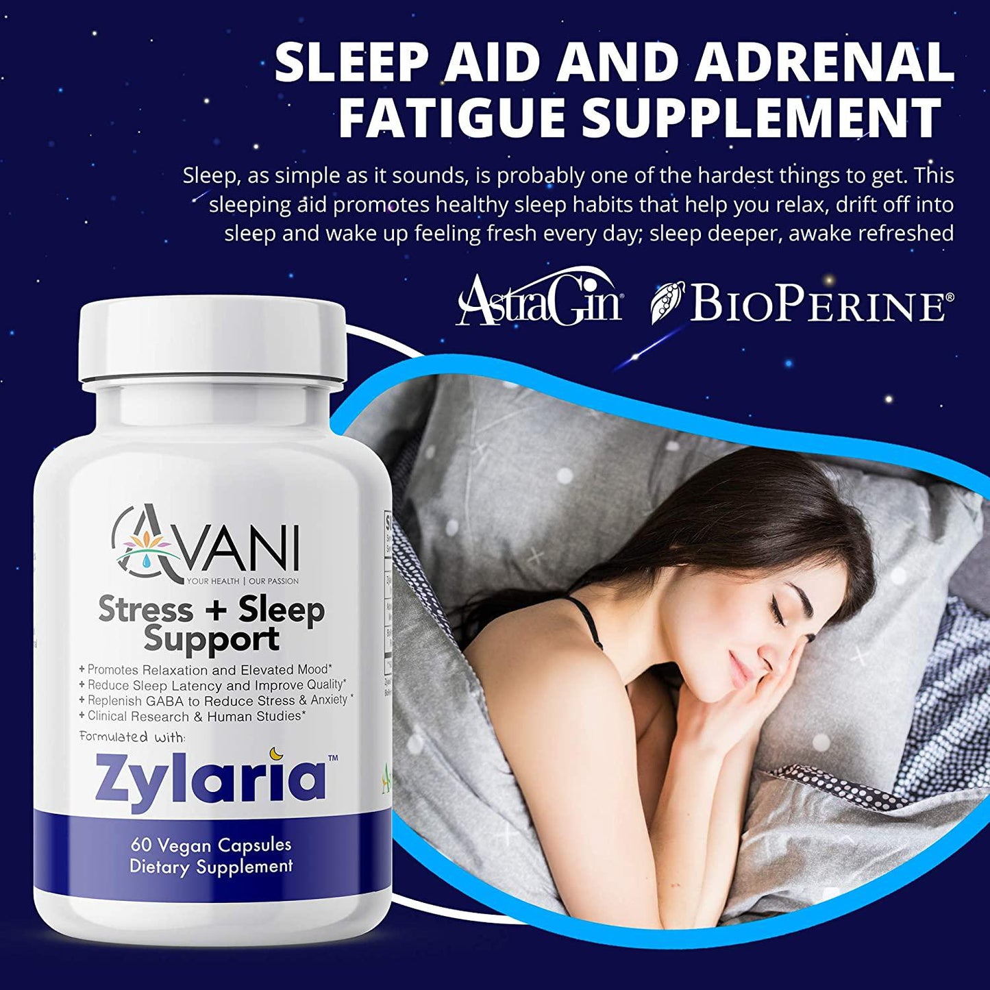 Avani Health – Zylaria – Sleep Aid zZz, Adrenal Fatigue Supplement, Natural Stress, Anxiety and Insomnia Relief, No Melatonin, Power to Sleep PM, Well Rested – 60 Vegan Caps – Clinically Studied