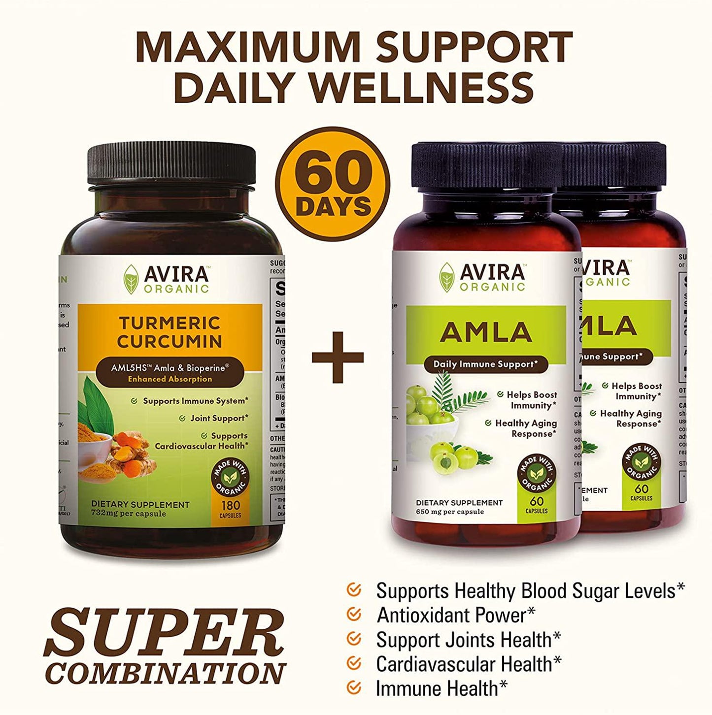 Avira Organic Amla for Immune Support - Max Strength 1300mg Serving per Day, Amla Rich in Vitamin C Complex, 2 Pack of 60's - 120 Veg Caps, Non GMO, Made with AML5HS Amla