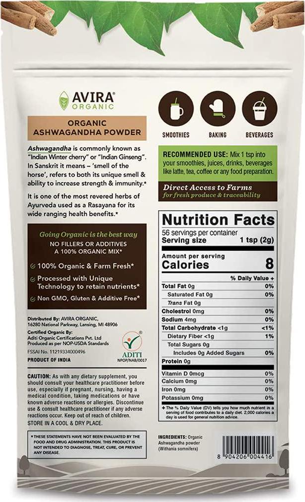 Avira Organic Ashwagandha Powder-4Oz, Indian Ginseng, Allergen Free, Vegan, Non-GMO, Super Food, Easy to mix in Smoothies, Baking, Tea And Lattes, Reseabales 4oz Bag