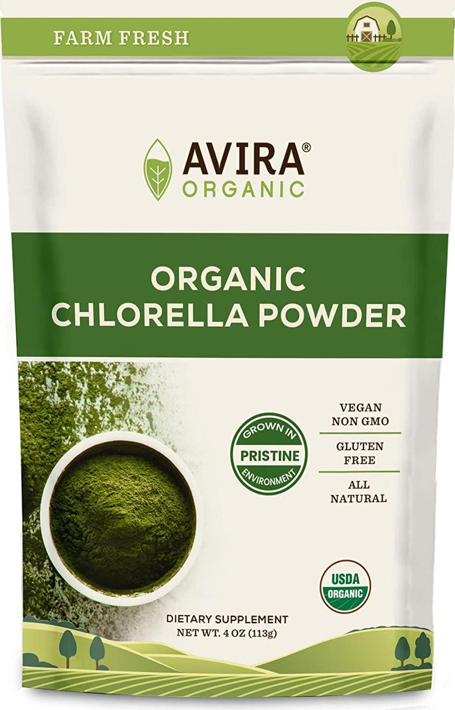 Avira Organic Chlorella Powder, Super Greens Powder Superfood, Broken Cell Wall, Grown in Pristine Environment, Vegan, Non-GMO, Easy to Mix in Smoothies, Green Juice and Food, Resealable 4 Oz Bag