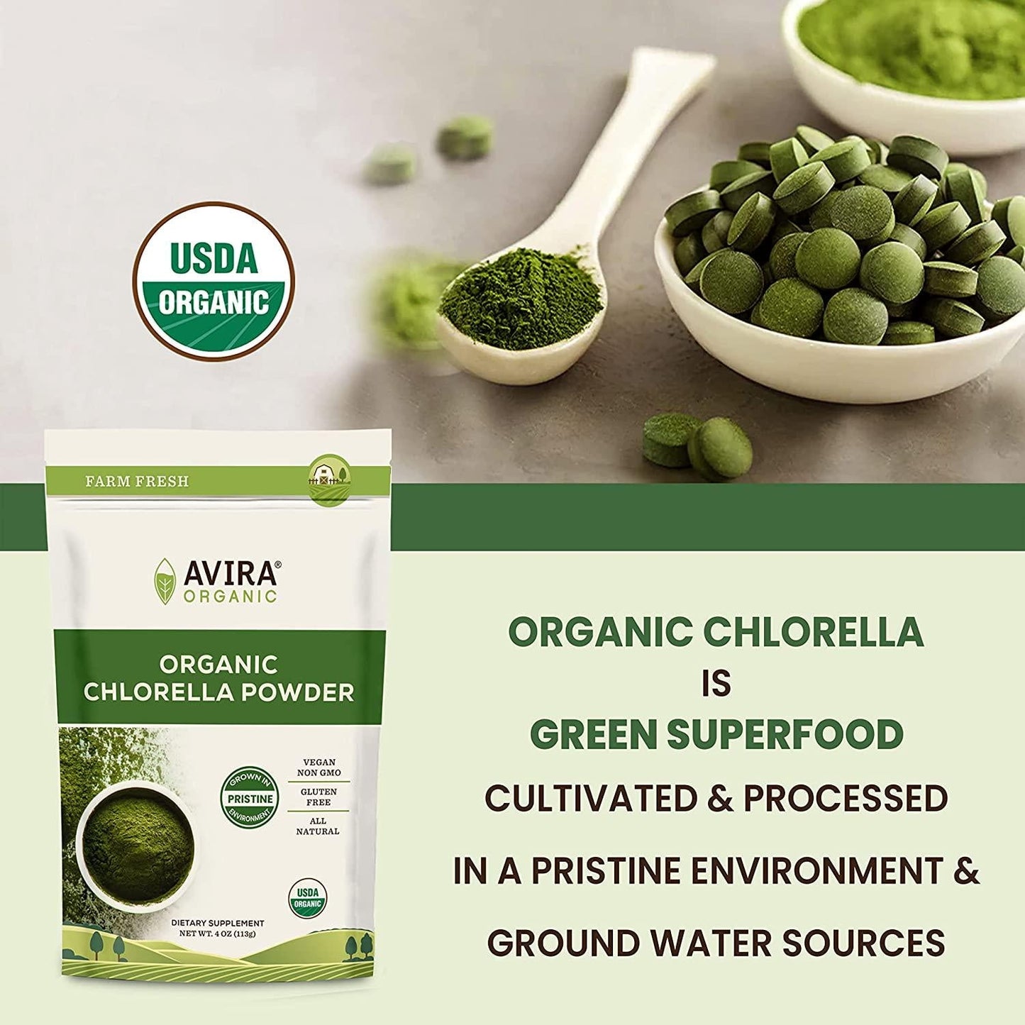 Avira Organic Chlorella Powder, Super Greens Powder Superfood, Broken Cell Wall, Grown in Pristine Environment, Vegan, Non-GMO, Easy to Mix in Smoothies, Green Juice and Food, Resealable 4 Oz Bag