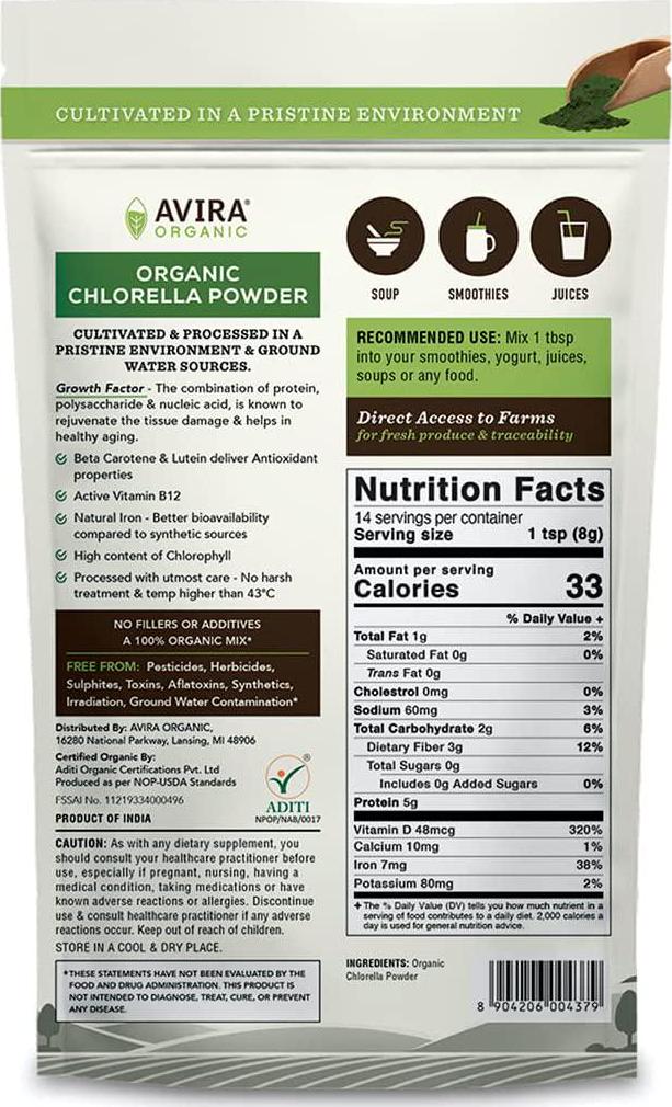 Avira Organic Chlorella Powder, Super Greens Powder Superfood, Broken Cell Wall, Grown in Pristine Environment, Vegan, Non-GMO, Easy to Mix in Smoothies, Green Juice and Food, Resealable 4 Oz Bag