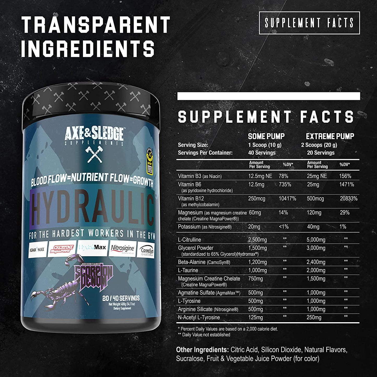 Axe and Sledge Hydraulic Non-Stimulant Pre-Workout Powder, Scorpion Venom, Scorpion Venom 400 grams