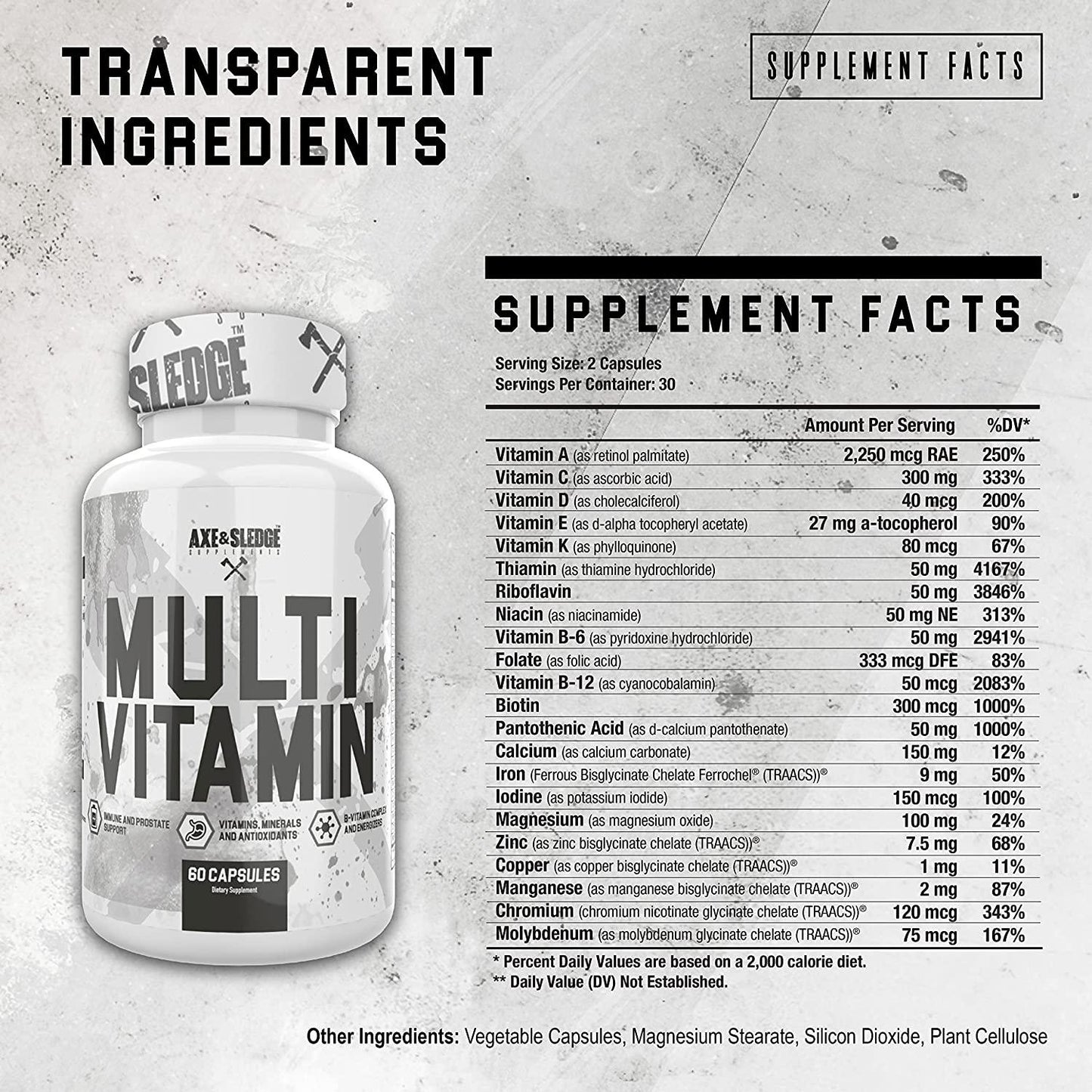 Axe and Sledge Supplements Multivitamin, Vitamin, Mineral and Antioxidant Complex, 60 Veggie Capsules, 30 Servings