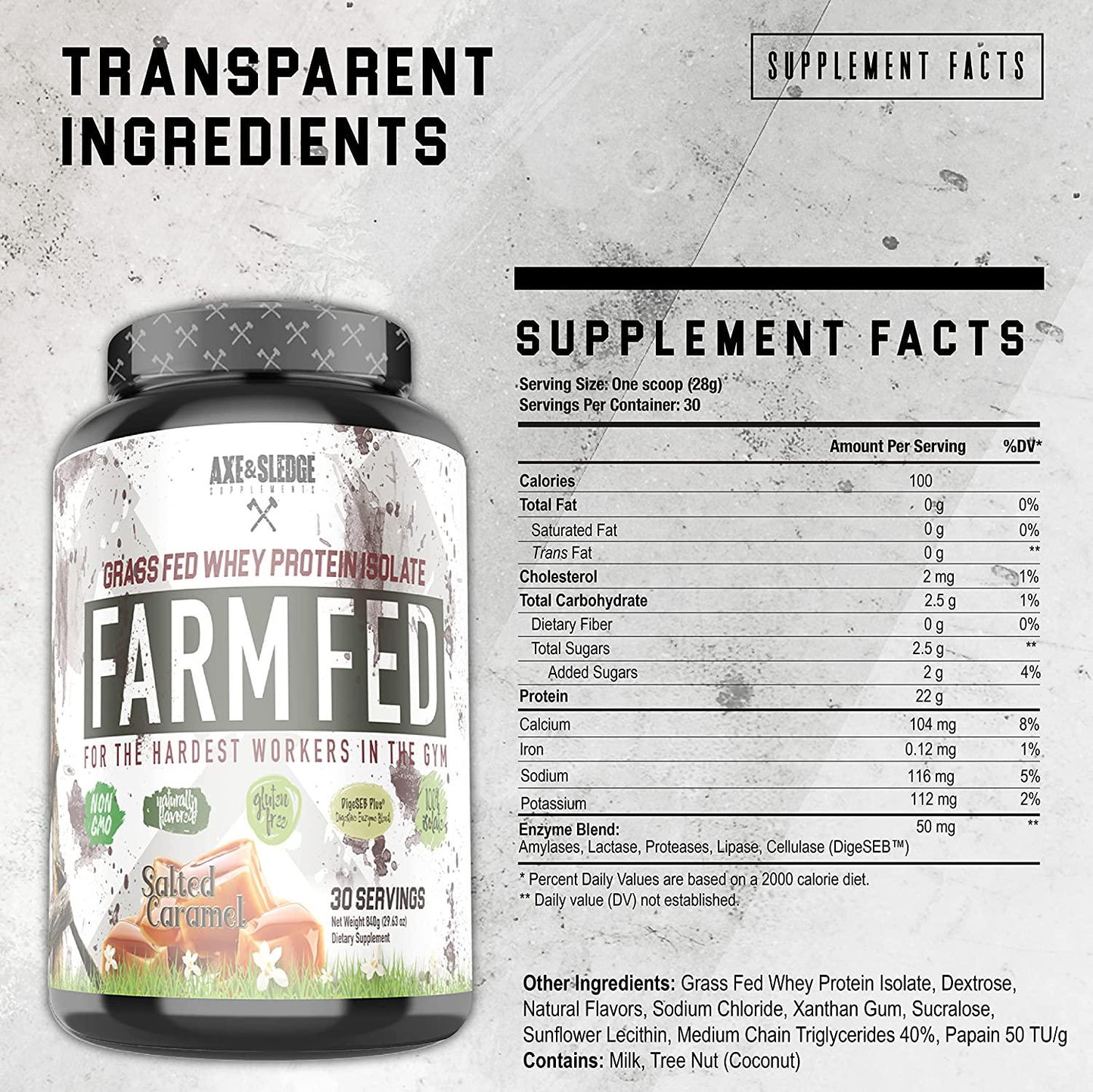 Axe and Sledge Supplements Grass-Fed Whey Protein Isolate, Digestive Enzymes, 22 Grams Protein, 30 Servings, Salted Caramel