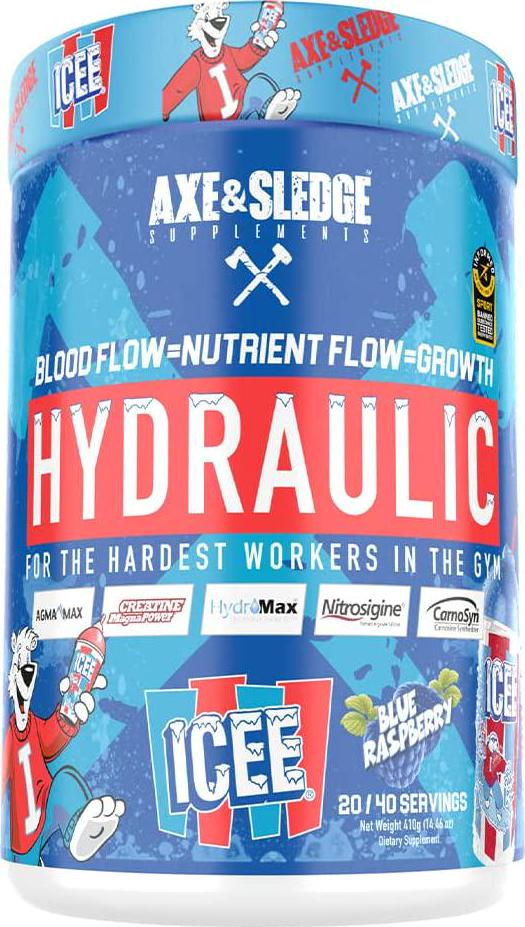 Axe and Sledge Supplements Hydraulic Stimulant-Free Pre-Workout with Nitrosigine, AgmaMax, Hydromax and Creatine MagnaPower, Increases Performance, Focus, and Pumps, 20/40 Servings, ICEE Blue