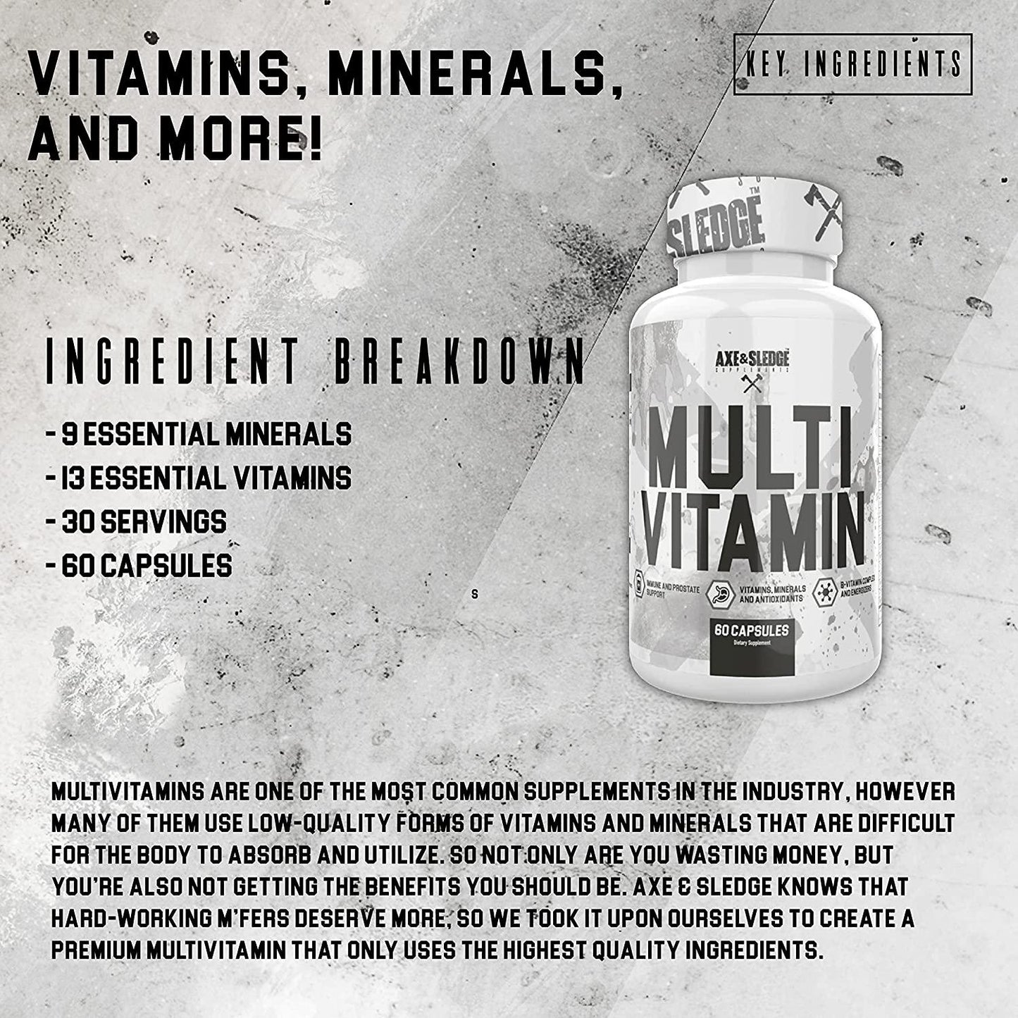 Axe and Sledge Supplements Multivitamin, Vitamin, Mineral and Antioxidant Complex, 60 Veggie Capsules, 30 Servings