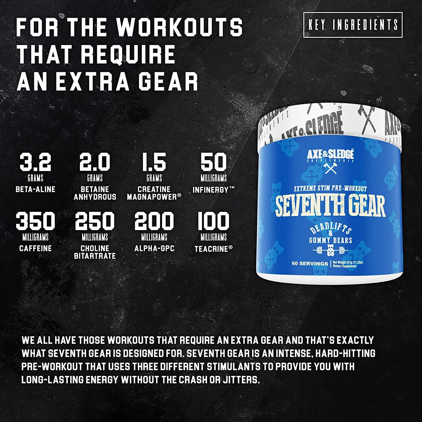 Axe and Sledge Supplements Seventh Gear Extreme Stimulant-Based Pre-Workout with TeaCrine, Infinergy, Creatine MagnaPower, Bioperine, 60 Servings (HWMF)