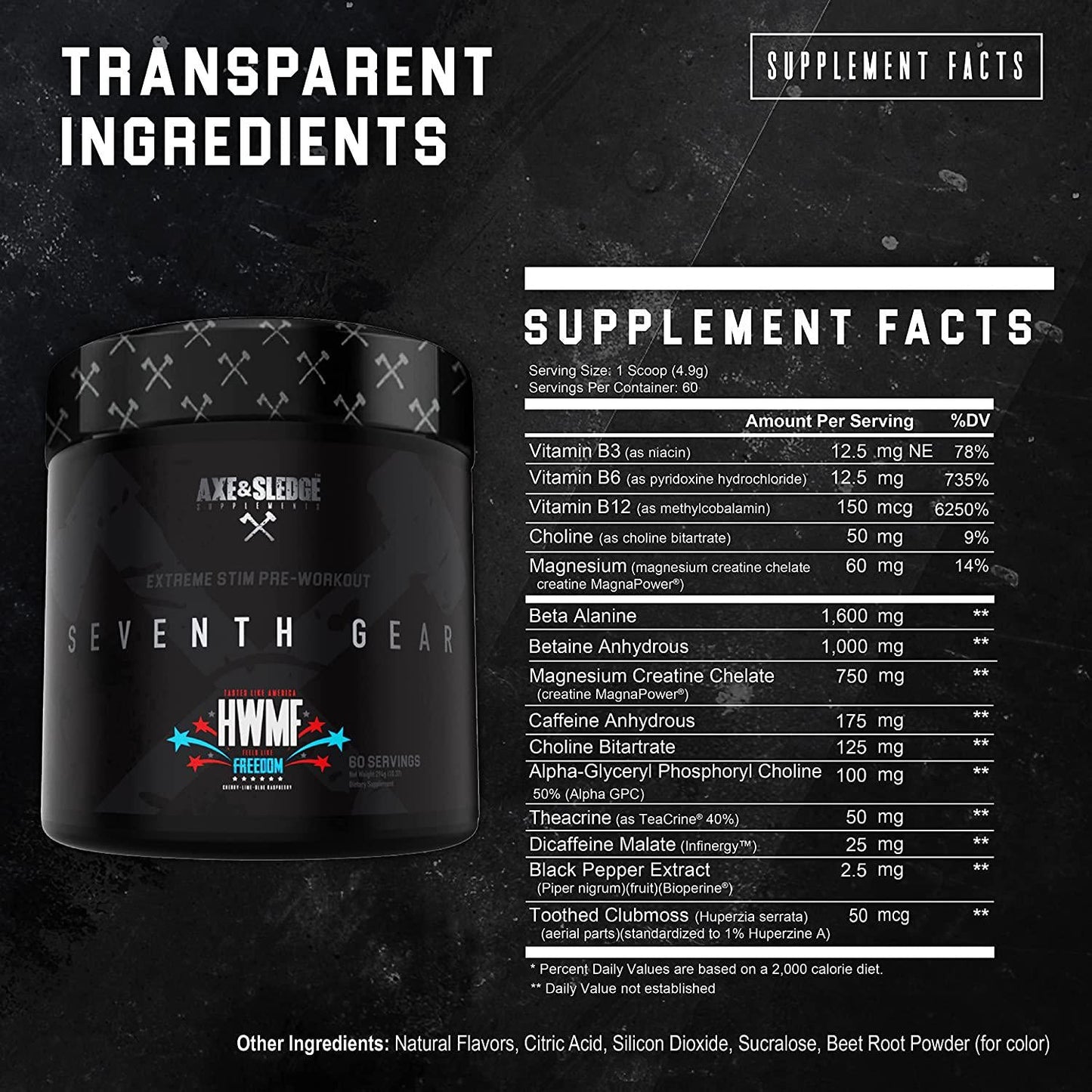 Axe and Sledge Supplements Seventh Gear Extreme Stimulant-Based Pre-Workout with TeaCrine, Infinergy, Creatine MagnaPower, Bioperine, 60 Servings (HWMF)