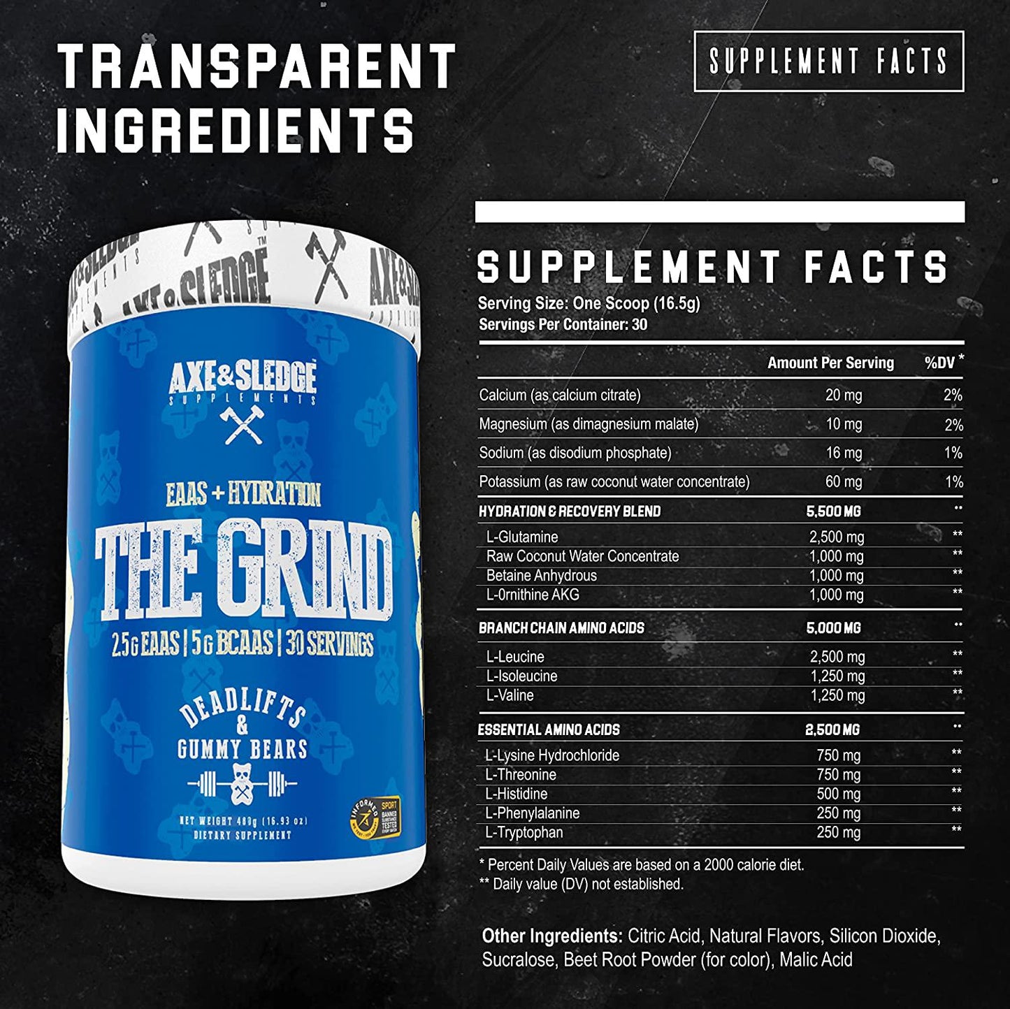 Axe and Sledge The Grind EAA BCAA + Hydration 30 Serves [Flavour Options: Deadlifts And Gummy Bears]