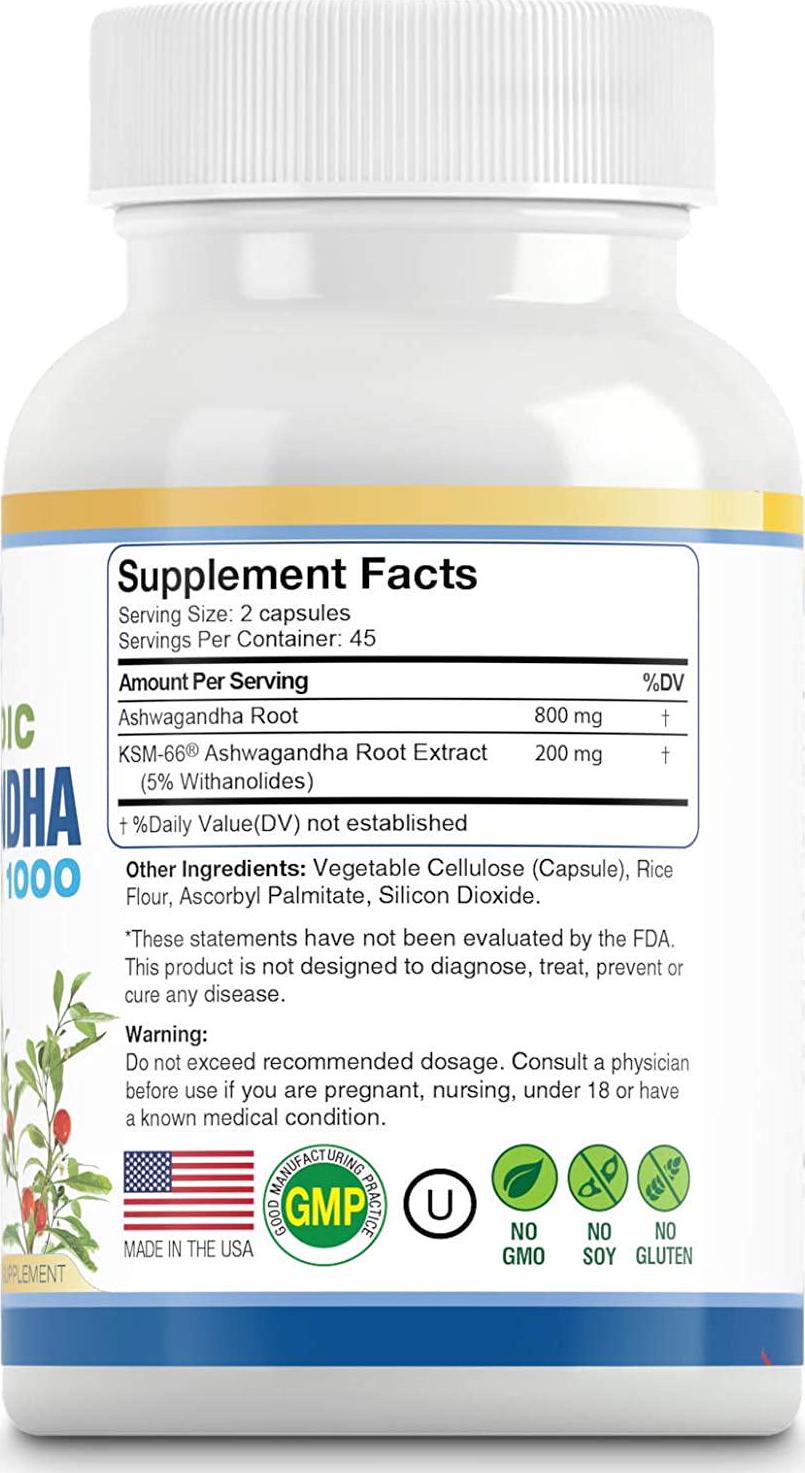 Ayurvedic Ashwagandha 1000 - Raw Ashwagandha Root and KSM-66 standardized Extract - All Natural, Extra Strength, 90 Veg caps, Anxiety and Menopause Relief, Boosts Brain and Thyroid Function, and More.