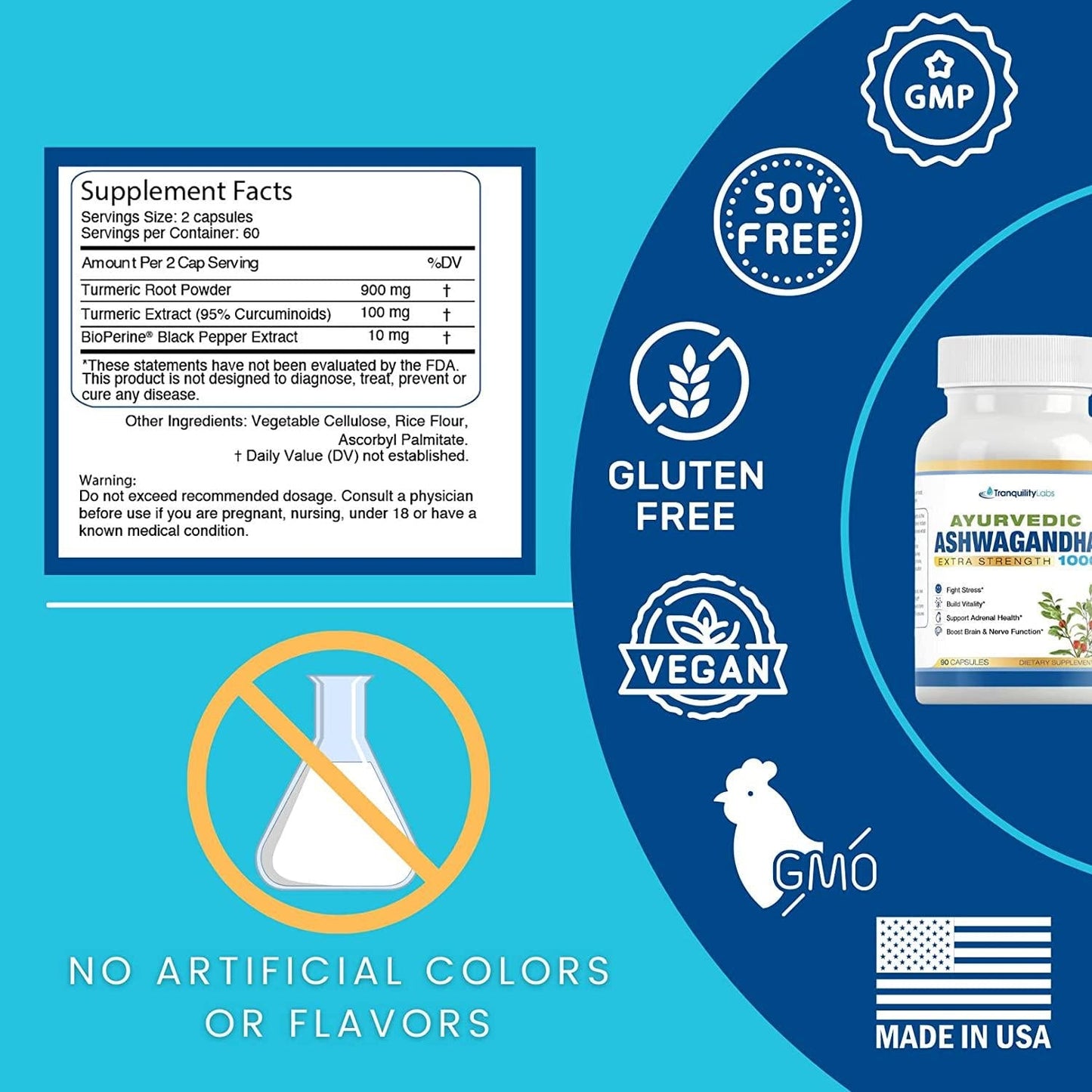 Ayurvedic Ashwagandha 1000 - Raw Ashwagandha Root and KSM-66 standardized Extract - All Natural, Extra Strength, 90 Veg caps, Anxiety and Menopause Relief, Boosts Brain and Thyroid Function, and More.