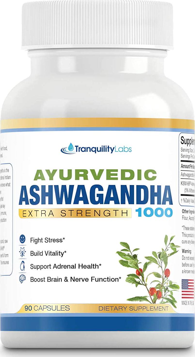 Ayurvedic Ashwagandha 1000 - Raw Ashwagandha Root and KSM-66 standardized Extract - All Natural, Extra Strength, 90 Veg caps, Anxiety and Menopause Relief, Boosts Brain and Thyroid Function, and More.
