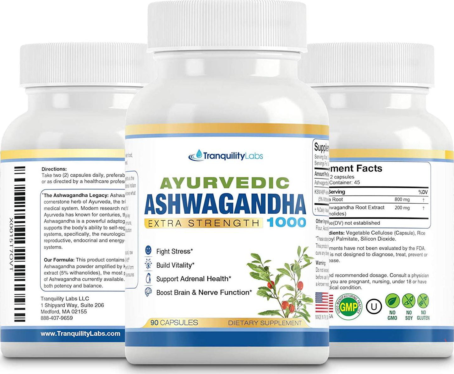 Ayurvedic Ashwagandha 1000 - Raw Ashwagandha Root and KSM-66 standardized Extract - All Natural, Extra Strength, 90 Veg caps, Anxiety and Menopause Relief, Boosts Brain and Thyroid Function, and More.