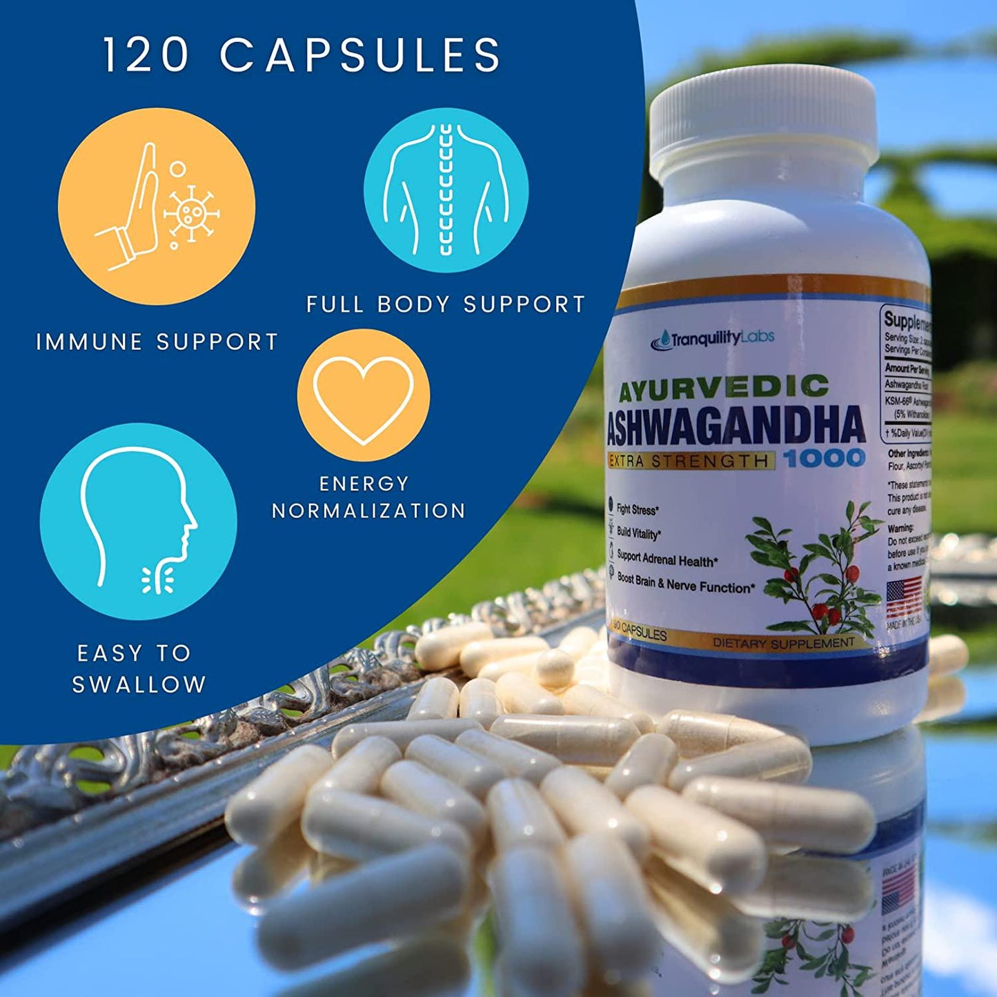 Ayurvedic Ashwagandha 1000 - Raw Ashwagandha Root and KSM-66 standardized Extract - All Natural, Extra Strength, 90 Veg caps, Anxiety and Menopause Relief, Boosts Brain and Thyroid Function, and More.