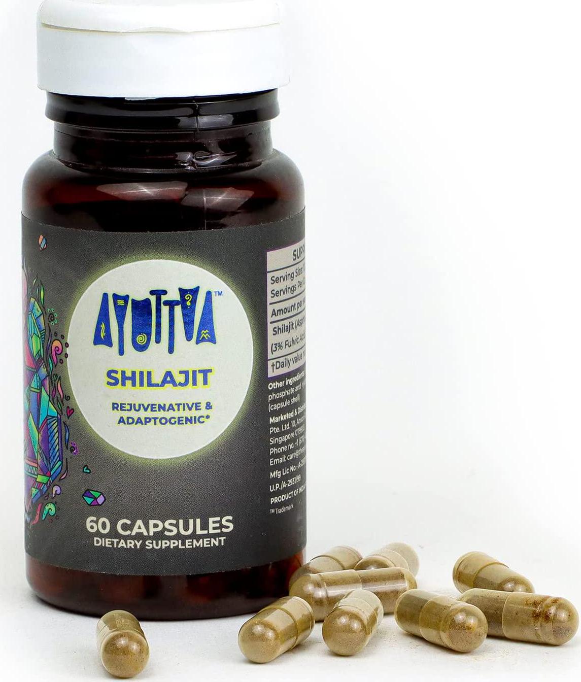 Ayuttva Himalayan Pure Shilajit Capsules | Rejuvenative, Adaptogenic, Energy-Giving Natural Shilajit Supplement | GMP-Certified Shilajit Supplement | Rich in Humic and Fulvic Acid | 60 Capsules