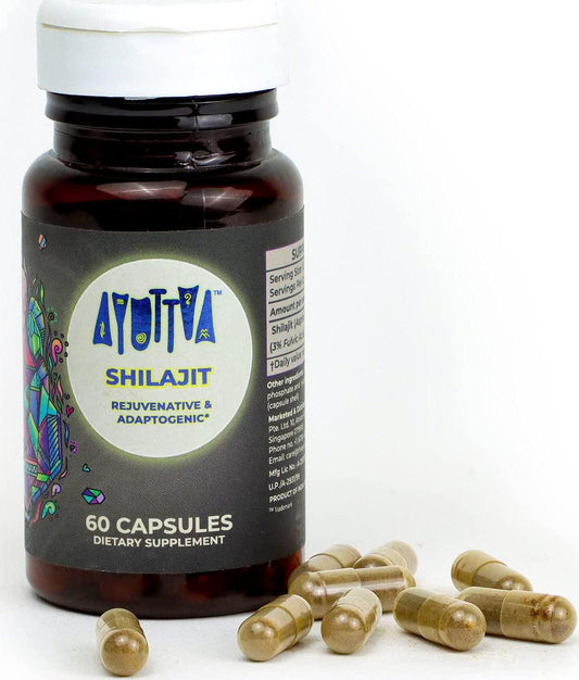 Ayuttva Himalayan Pure Shilajit Capsules | Rejuvenative, Adaptogenic, Energy-Giving Natural Shilajit Supplement | GMP-Certified Shilajit Supplement | Rich in Humic and Fulvic Acid | 60 Capsules