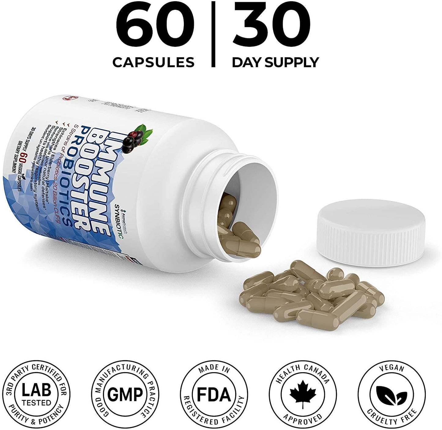 AzmaBiotech Immune Booster Synbiotics | Echinacea, Elderberry, and Maitake + 5 Strains Probiotics 20 Billion CFU/g | 60 Veggie Capsules